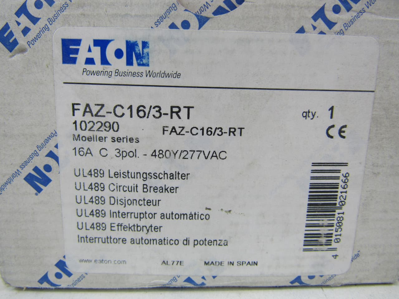 Eaton FAZ-C16/3-RT 277/480 VAC 50/60 Hz, 16 A, 3-Pole, 10/14 kA, 5 to 10 x Rated Current, Ring Tongue Terminal, DIN Rail Mount, Standard Packaging, C-Curve, Current Limiting, Thermal Magnetic Eaton FAZ-C16/3-RT 277/480 VAC 50/60 Hz, 16 A, 3-Pole, 10/14 kA, 5 to 10 x Rated Current, Ring Tongue Terminal, DIN Rail Mount, Standard Packaging, C-Curve, Current Limiting, Thermal Magnetic