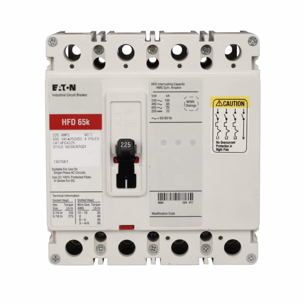 Eaton HFD4060 HFD4060 Eaton - Eaton Series C complete molded case circuit breaker, F-frame, HFD, Complete breaker, Fixed thermal, fixed magnetic trip type, Four-pole, 60A, 600 Vac, 250 Vdc, 100 kAIC at 240 Vac, 65 kAIC at 480 Vac, Load side, 50/60 Hz Eaton HFD4060 HFD4060 Eaton - Eaton Series C complete molded case circuit breaker, F-frame, HFD, Complete breaker, Fixed thermal, fixed magnetic trip type, Four-pole, 60A, 600 Vac, 250 Vdc, 100 kAIC at 240 Vac, 65 kAIC at 480 Vac, Load side, 50/60 Hz