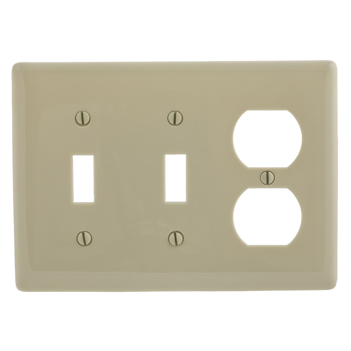 Hubbell NP28I Wallplates and Box Covers, Wallplate, Nylon, 3-Gang, 2) Toggle 1) Duplex, Ivory ; Reinforcement ribs for extra strength ; High-impact, self-extinguishing nylon material ; Captive screw feature holds mounting screw in place ; Standard Size is 1/8" larger Hubbell NP28I Wallplates and Box Covers, Wallplate, Nylon, 3-Gang, 2) Toggle 1) Duplex, Ivory ; Reinforcement ribs for extra strength ; High-impact, self-extinguishing nylon material ; Captive screw feature holds mounting screw in place ; Standard Size is 1/8" larger