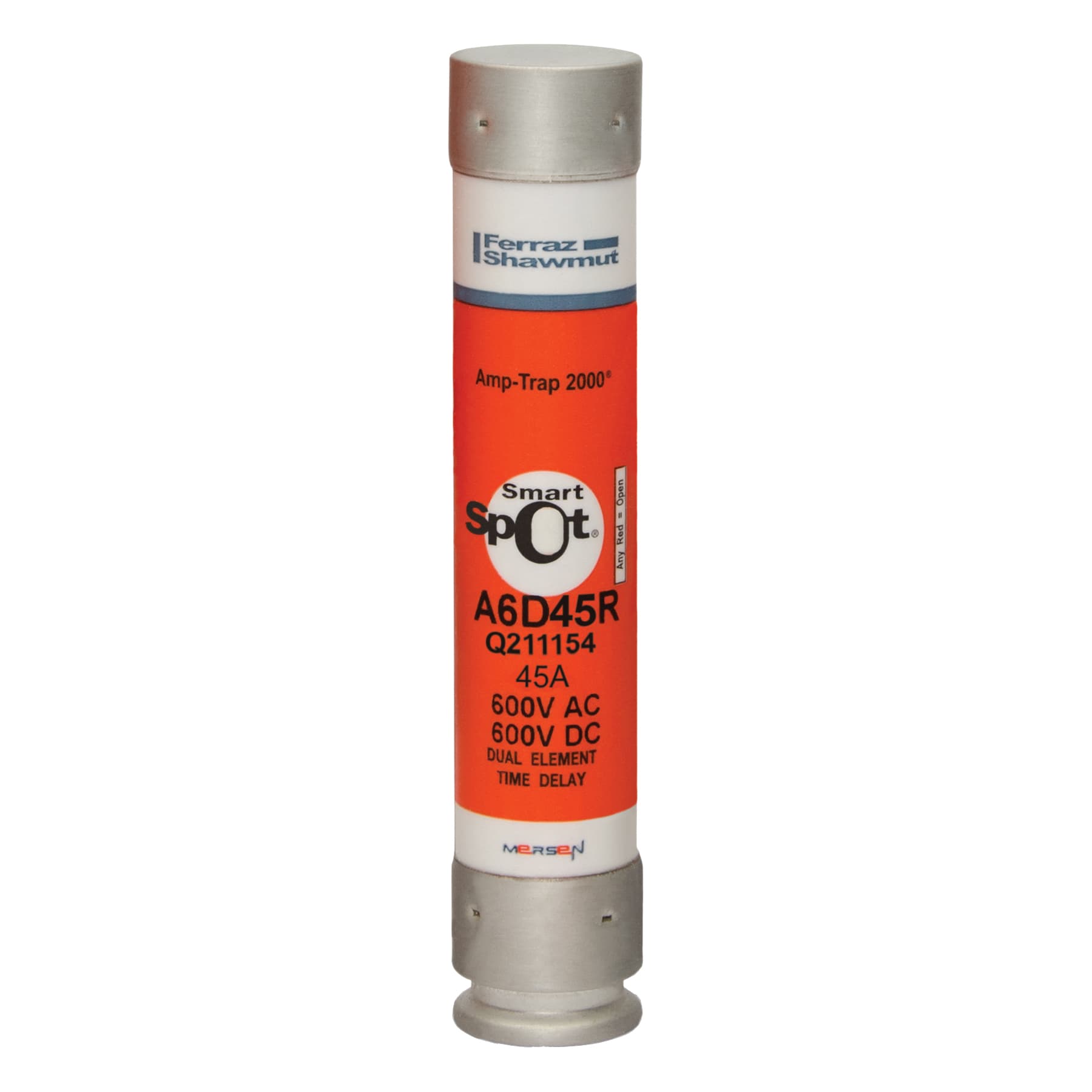 Mersen A6D45R A6D45R Mersen - Fuse A6D-R - Class RK1 - Time-Delay 600VAC 600VDC 45A Ferrule SmartSpot® Amp-Trap 2000® Mersen A6D45R A6D45R Mersen - Fuse A6D-R - Class RK1 - Time-Delay 600VAC 600VDC 45A Ferrule SmartSpot® Amp-Trap 2000®