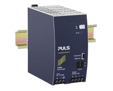Puls CPS20.481-D1 PULS CPS20.481-D1 is a power supply unit designed for DIN rail mounting, featuring an aluminium housing. It operates within an ambient air temperature range of -25 to +70°C. The unit has a net width of 65 mm and dimensions of W65mm x H124mm x D127mm. It consumes 1.69A at 300Vdc input for full 48Vdc output and 4.68A at 110Vdc input for full 48Vdc output, with a peak inrush current of 10A at 300Vdc input and 13A at 110Vdc input. The CPS20.481-D1 offers an efficiency of 0.946 at 300Vdc input and 0.931 at 100Vdc input. It has an IP20 degree of protection and features output overvoltage protection, overload/short-circuit protection, and is capable of series/parallel operation for increased output power. The unit's power dissipation/losses are 27.4 W, and it has an output stage capacitance of 2450 µF. Its electrical durability ranges from 58,000 to 506,000 hours under various conditions. The ripple is 50mVpp (20Hz...20MHz; 50Ω). This power supply unit supports a supply voltage range of 88Vdc-360Vdc and an AC supply voltage with 85Vac turn-ON voltage. It provides a rated current of 10A at 48Vdc and a rated power of 576W with PowerBoost at ambient temperatures less than 45°C, and 480W at less than 60°C. The output voltage is adjustable between 48Vdc-56Vdc, with a 200mV turn-ON overshoot, and it offers a hold time of 26ms at 110/300Vdc input. Connection is facilitated through screw-clamp connections. Puls CPS20.481-D1 PULS CPS20.481-D1 is a power supply unit designed for DIN rail mounting, featuring an aluminium housing. It operates within an ambient air temperature range of -25 to +70°C. The unit has a net width of 65 mm and dimensions of W65mm x H124mm x D127mm. It consumes 1.69A at 300Vdc input for full 48Vdc output and 4.68A at 110Vdc input for full 48Vdc output, with a peak inrush current of 10A at 300Vdc input and 13A at 110Vdc input. The CPS20.481-D1 offers an efficiency of 0.946 at 300Vdc input and 0.931 at 100Vdc input. It has an IP20 degree of protection and features output overvoltage protection, overload/short-circuit protection, and is capable of series/parallel operation for increased output power. The unit's power dissipation/losses are 27.4 W, and it has an output stage capacitance of 2450 µF. Its electrical durability ranges from 58,000 to 506,000 hours under various conditions. The ripple is 50mVpp (20Hz...20MHz; 50Ω). This power supply unit supports a supply voltage range of 88Vdc-360Vdc and an AC supply voltage with 85Vac turn-ON voltage. It provides a rated current of 10A at 48Vdc and a rated power of 576W with PowerBoost at ambient temperatures less than 45°C, and 480W at less than 60°C. The output voltage is adjustable between 48Vdc-56Vdc, with a 200mV turn-ON overshoot, and it offers a hold time of 26ms at 110/300Vdc input. Connection is facilitated through screw-clamp connections.
