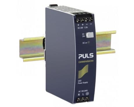 Puls CS3.241 PULS CS3.241 is a DIN rail mounting power supply unit encased in an aluminium housing, designed for a wide range of industrial applications. It operates within an ambient air temperature range of -25 to +70°C. The unit has a net width of 32mm and dimensions of W32mm x H124mm x D102mm. It features screw-clamp connections for secure installation and is capable of being powered by either a single-phase AC supply from 85Vac to 264Vac (with specific nominal voltages listed) or a DC supply from 88Vdc to 375Vdc. The CS3.241 delivers a rated current of 3.3A at 24Vdc and 2.7A at 28Vdc, with an adjustable output voltage range of 24Vdc to 28Vdc. It has a rated power of 80W and includes protection functions such as output overvoltage protection, NTC for input inrush current limiting, and overload/short-circuit protection. The unit supports series or parallel operation for redundancy, ensuring higher system availability. It also features a DC-OK relay contact output, indicating the operational status. The power supply's efficiency varies with input voltage, achieving up to 0.898 at 230Vac input. It has a start-up delay of 95ms and a rise time that varies depending on the input and load capacitance. The CS3.241 is designed for electrical durability, with operational lifespans detailed for various conditions, and includes a capacitance of 1450µF at the output stage. Puls CS3.241 PULS CS3.241 is a DIN rail mounting power supply unit encased in an aluminium housing, designed for a wide range of industrial applications. It operates within an ambient air temperature range of -25 to +70°C. The unit has a net width of 32mm and dimensions of W32mm x H124mm x D102mm. It features screw-clamp connections for secure installation and is capable of being powered by either a single-phase AC supply from 85Vac to 264Vac (with specific nominal voltages listed) or a DC supply from 88Vdc to 375Vdc. The CS3.241 delivers a rated current of 3.3A at 24Vdc and 2.7A at 28Vdc, with an adjustable output voltage range of 24Vdc to 28Vdc. It has a rated power of 80W and includes protection functions such as output overvoltage protection, NTC for input inrush current limiting, and overload/short-circuit protection. The unit supports series or parallel operation for redundancy, ensuring higher system availability. It also features a DC-OK relay contact output, indicating the operational status. The power supply's efficiency varies with input voltage, achieving up to 0.898 at 230Vac input. It has a start-up delay of 95ms and a rise time that varies depending on the input and load capacitance. The CS3.241 is designed for electrical durability, with operational lifespans detailed for various conditions, and includes a capacitance of 1450µF at the output stage.