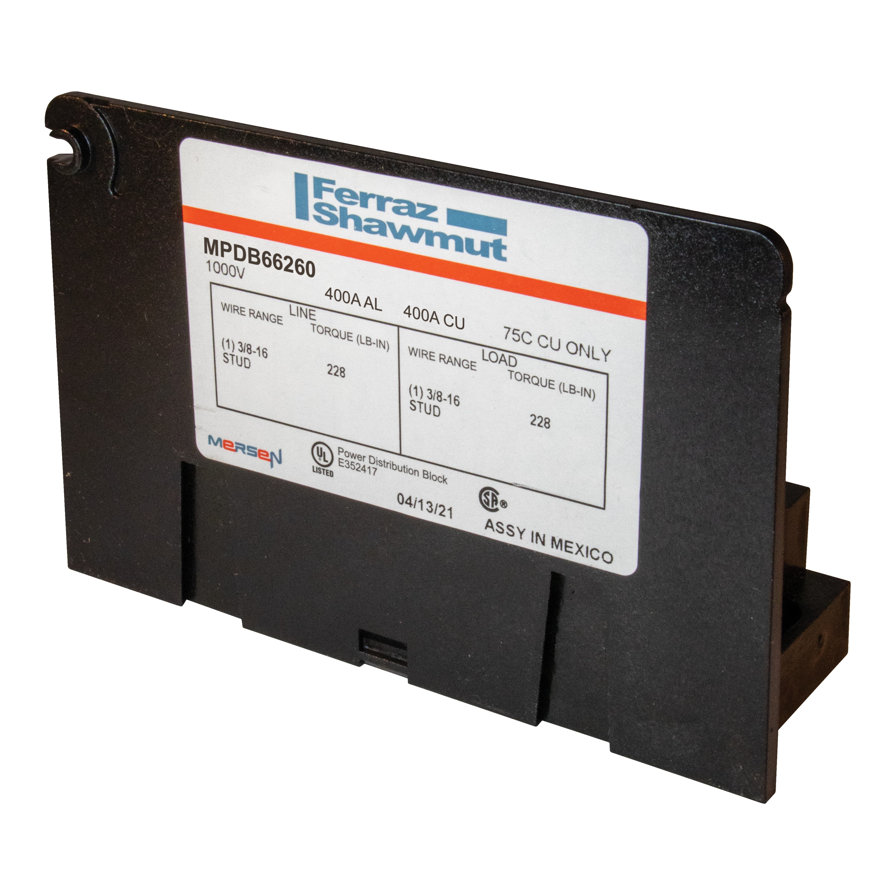 Mersen MPDB66260 MPDB66260 Mersen Open-Style PDB UL 1953 1000V Tin-plated Copper - 400A Adder 1 - 1 openings; 3/8-16 x 1-1/8 --- 3/8-16 x 1-1/8 Stud to Stud Mersen MPDB66260 MPDB66260 Mersen Open-Style PDB UL 1953 1000V Tin-plated Copper - 400A Adder 1 - 1 openings; 3/8-16 x 1-1/8 --- 3/8-16 x 1-1/8 Stud to Stud