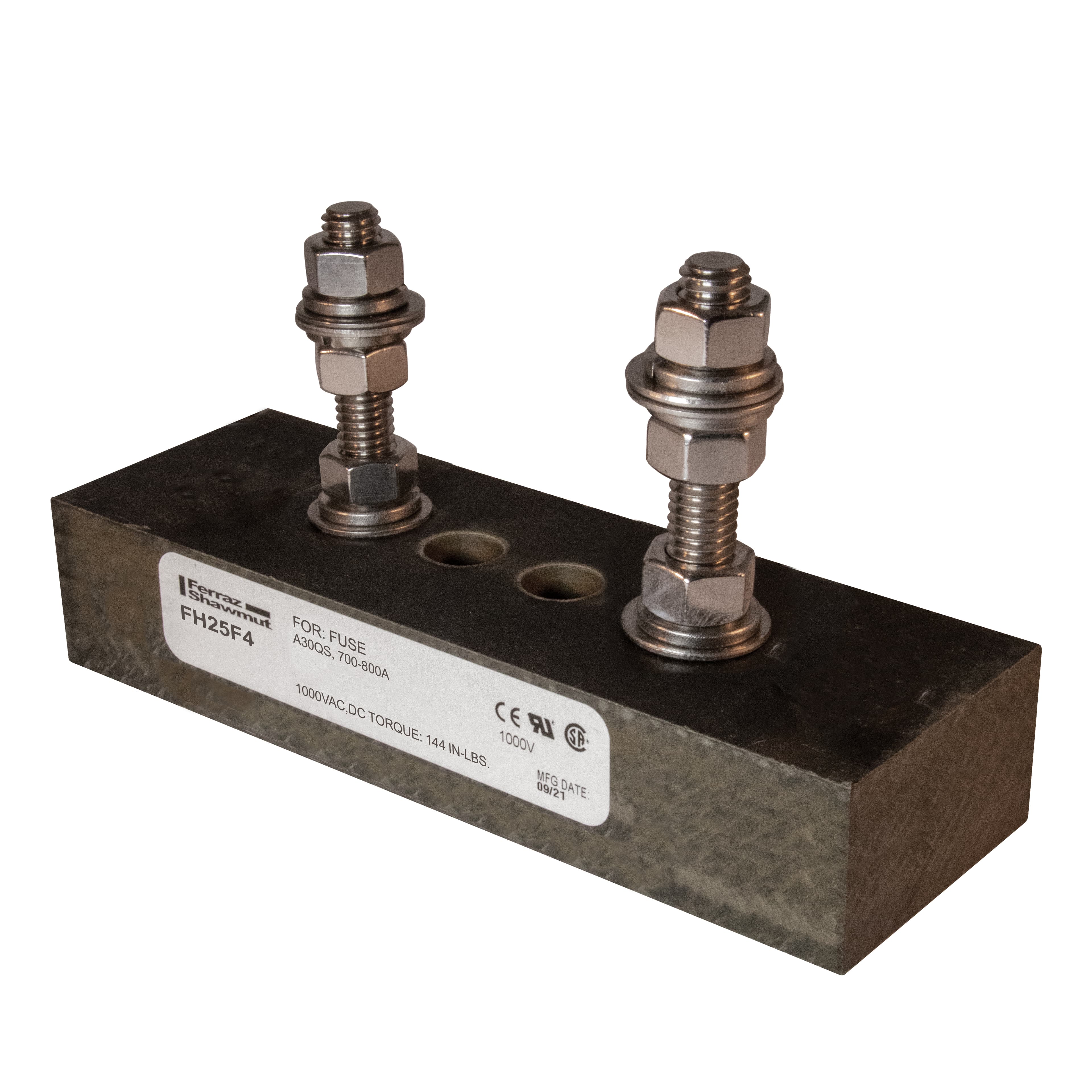 Mersen FH25F4 FH25F4 Mersen - Fuse Block 1000VAC 1000VDC 800A 1-Pole Stud center to center: 2.66 inch Mersen FH25F4 FH25F4 Mersen - Fuse Block 1000VAC 1000VDC 800A 1-Pole Stud center to center: 2.66 inch