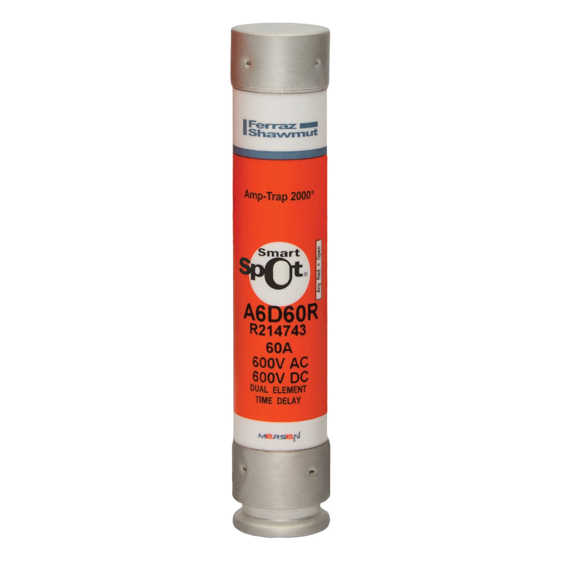 Mersen A6D60R A6D60R Mersen - Fuse A6D-R - Class RK1 - Time-Delay 600VAC 600VDC 60A Ferrule SmartSpot® Amp-Trap 2000® Mersen A6D60R A6D60R Mersen - Fuse A6D-R - Class RK1 - Time-Delay 600VAC 600VDC 60A Ferrule SmartSpot® Amp-Trap 2000®
