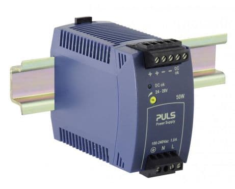 Puls ML50.111 PULS ML50.111 is a power supply unit (PSU) / converter designed for AC/DC applications with DIN rail mounting. It operates within an ambient air temperature range of -10 to +70°C and features a plug connector NEC Class 2 optimized for parallel use, including a DC-OK relay contact output. The unit has a rated current of 2.1A at 24Vdc and utilizes screw-clamp connections for secure installation. It supports a wide supply voltage range from 85Vac to 264Vac (with specific nominal values across 100Vac to 240Vac; 47-63Hz), including a 65Vac turn-ON voltage and a 55Vac shutdown voltage, as well as a DC supply voltage range from 88Vdc to 375Vdc. The ML50.111 is housed in a PC / ABS blend, measuring 45mm in width, 75mm in height, and 91mm in depth. It is compatible with single-phase (1AC) or DC networks, has a rated power of 50W, and provides an adjustable output voltage from 24Vdc to 28Vdc with a 400mV turn-ON overshoot. Protection is ensured by an NTC (input inrush current limiter), and the unit boasts an efficiency of 0.885 at 230Vac input. Maximum current consumption is 17A at 120Vac input and 35A peak at 230Vac input, with power dissipation/losses at 6.8W and a ripple of 50mVpp across 20Hz to 20MHz at 50Ω. The output stage capacitance is 1600µF. Puls ML50.111 PULS ML50.111 is a power supply unit (PSU) / converter designed for AC/DC applications with DIN rail mounting. It operates within an ambient air temperature range of -10 to +70°C and features a plug connector NEC Class 2 optimized for parallel use, including a DC-OK relay contact output. The unit has a rated current of 2.1A at 24Vdc and utilizes screw-clamp connections for secure installation. It supports a wide supply voltage range from 85Vac to 264Vac (with specific nominal values across 100Vac to 240Vac; 47-63Hz), including a 65Vac turn-ON voltage and a 55Vac shutdown voltage, as well as a DC supply voltage range from 88Vdc to 375Vdc. The ML50.111 is housed in a PC / ABS blend, measuring 45mm in width, 75mm in height, and 91mm in depth. It is compatible with single-phase (1AC) or DC networks, has a rated power of 50W, and provides an adjustable output voltage from 24Vdc to 28Vdc with a 400mV turn-ON overshoot. Protection is ensured by an NTC (input inrush current limiter), and the unit boasts an efficiency of 0.885 at 230Vac input. Maximum current consumption is 17A at 120Vac input and 35A peak at 230Vac input, with power dissipation/losses at 6.8W and a ripple of 50mVpp across 20Hz to 20MHz at 50Ω. The output stage capacitance is 1600µF.