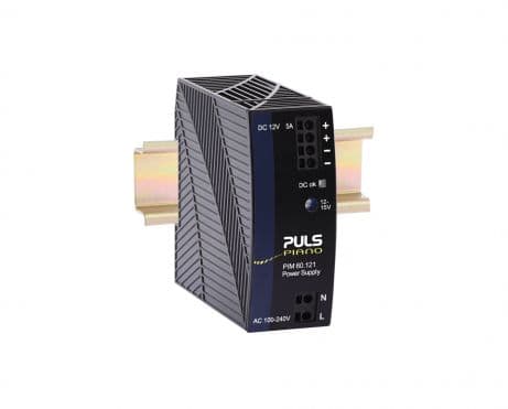 Puls PIM60.121 PULS PIM60.121 is a power supply unit that functions as an AC/DC PSU/converter with DIN rail mounting. It operates within an ambient air temperature range of -10 to +60°C, with linear derating up to +70°C, and features a NEC Class 2 DC-OK relay contact output. The unit provides a rated current of 2.5A at 24Vdc within -10 to +60°C and 1.9A at 24Vdc at +70°C, utilizing screw-clamp connections. It supports a supply voltage range of 90Vac-264Vac across various nominal voltages and frequencies, with specific input overvoltage and turn-on/shutdown voltages detailed. The PIM-series part measures W36mm x H90mm x D91mm, has an IP20 protection degree, and is housed in polycarbonate. Designed for single-phase networks, it offers a rated power of 60W at -10 to +60°C and 45.6W at +70°C, with an adjustable output voltage of 24Vdc-28Vdc. Protection functions include output overvoltage and overload/short-circuit protection, with specified current limits and conditions for back-feeding loads. The unit's efficiency rates are 0.918 and 0.907 for 230Vac and 120Vac inputs, respectively, with detailed current consumption, inrush peaks, time delay, hold time, power dissipation/losses, electrical durability, ripple, and capacitance specifications. Puls PIM60.121 PULS PIM60.121 is a power supply unit that functions as an AC/DC PSU/converter with DIN rail mounting. It operates within an ambient air temperature range of -10 to +60°C, with linear derating up to +70°C, and features a NEC Class 2 DC-OK relay contact output. The unit provides a rated current of 2.5A at 24Vdc within -10 to +60°C and 1.9A at 24Vdc at +70°C, utilizing screw-clamp connections. It supports a supply voltage range of 90Vac-264Vac across various nominal voltages and frequencies, with specific input overvoltage and turn-on/shutdown voltages detailed. The PIM-series part measures W36mm x H90mm x D91mm, has an IP20 protection degree, and is housed in polycarbonate. Designed for single-phase networks, it offers a rated power of 60W at -10 to +60°C and 45.6W at +70°C, with an adjustable output voltage of 24Vdc-28Vdc. Protection functions include output overvoltage and overload/short-circuit protection, with specified current limits and conditions for back-feeding loads. The unit's efficiency rates are 0.918 and 0.907 for 230Vac and 120Vac inputs, respectively, with detailed current consumption, inrush peaks, time delay, hold time, power dissipation/losses, electrical durability, ripple, and capacitance specifications.