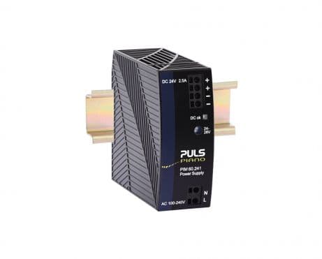 Puls PIM60.241 PULS PIM60.241 is a power supply unit that functions as an AC/DC PSU/converter with DIN rail mounting. It operates within an ambient air temperature range of -10 to +60°C, with linear derating up to +70°C. The unit features a DC-OK relay contact output and provides a rated current of 3.8A at 24Vdc within -10 to +60°C and 2.8A at 24Vdc at +70°C. It is equipped with push-in spring connections for connectivity and supports a supply voltage range of 90Vac-264Vac across various nominal voltages from 100Vac to 240Vac at 47-63Hz, with specific input overvoltage and turn-on/shutdown voltage specifications. The PIM-series unit measures W36mm x H90mm x D91mm, has an IP20 degree of protection, and is housed in a polycarbonate (PC) material. Designed for single-phase network operation, it has a net width of 36 mm and offers a rated power of 90W at -10 to +60°C, with a linear derating to 67.2W at +70°C. The output voltage is adjustable between 24Vdc and 28Vdc, featuring protection functions against overvoltage and overload/short-circuit conditions. It showcases an efficiency of 0.938 at 230Vac input and 0.921 at 120Vac input, with specific current consumption rates under various conditions. The unit has a 50ms start-up delay, specified rise times, and hold times at different input voltages, along with power dissipation/losses and electrical durability ratings under various conditions. The ripple is noted at 100mVpp, and the output stage capacitance is 1600 µF. Puls PIM60.241 PULS PIM60.241 is a power supply unit that functions as an AC/DC PSU/converter with DIN rail mounting. It operates within an ambient air temperature range of -10 to +60°C, with linear derating up to +70°C. The unit features a DC-OK relay contact output and provides a rated current of 3.8A at 24Vdc within -10 to +60°C and 2.8A at 24Vdc at +70°C. It is equipped with push-in spring connections for connectivity and supports a supply voltage range of 90Vac-264Vac across various nominal voltages from 100Vac to 240Vac at 47-63Hz, with specific input overvoltage and turn-on/shutdown voltage specifications. The PIM-series unit measures W36mm x H90mm x D91mm, has an IP20 degree of protection, and is housed in a polycarbonate (PC) material. Designed for single-phase network operation, it has a net width of 36 mm and offers a rated power of 90W at -10 to +60°C, with a linear derating to 67.2W at +70°C. The output voltage is adjustable between 24Vdc and 28Vdc, featuring protection functions against overvoltage and overload/short-circuit conditions. It showcases an efficiency of 0.938 at 230Vac input and 0.921 at 120Vac input, with specific current consumption rates under various conditions. The unit has a 50ms start-up delay, specified rise times, and hold times at different input voltages, along with power dissipation/losses and electrical durability ratings under various conditions. The ripple is noted at 100mVpp, and the output stage capacitance is 1600 µF.