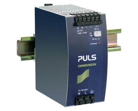 Puls QS10.121 PULS QS10.121 is a power supply unit designed for AC/DC conversion with a 50% power reserve. It features DIN rail mounting and operates within an ambient air temperature range of -25 to +70°C. The unit is equipped with a DC-OK relay contact output and offers a rated current of 15A at 12Vdc and 13.5A at 15Vdc, utilizing spring-clamp connections for connectivity. It supports a supply voltage range of 85Vac-264Vac for AC and 88Vdc-188Vdc for DC, with specific nominal values across a wide spectrum. The QS10.121, part of the Q-series, measures 60mm in width, 124mm in height, and 117mm in depth, housed in an aluminium casing. It is compatible with single-phase (1AC) or DC networks, delivering a rated power of 203W at 15V, 180W at 12V, and can momentarily supply up to 270W for 4 seconds. The output voltage is adjustable between 12Vdc and 15Vdc, featuring comprehensive protection functions including overvoltage and overload/short-circuit protection. The unit allows for series or parallel operation to increase output power and is designed to handle back-feeding loads without malfunctioning. Efficiency rates vary with input voltage, achieving up to 0.918 at 230Vac. It exhibits a peak current consumption of 10A, with a start-up delay between 340-800ms and a hold time of 32ms at nominal input conditions. Power dissipation stands at approximately 16.1W to 16.7W under full load conditions, and the electrical durability ranges significantly based on operating conditions, with up to 215000 hours at 25°C and 30A output with 1AC 230Vac input. The output stage capacitance is 7000µF, and ripple is maintained at 50mVpp across a 20Hz to 20MHz range. Puls QS10.121 PULS QS10.121 is a power supply unit designed for AC/DC conversion with a 50% power reserve. It features DIN rail mounting and operates within an ambient air temperature range of -25 to +70°C. The unit is equipped with a DC-OK relay contact output and offers a rated current of 15A at 12Vdc and 13.5A at 15Vdc, utilizing spring-clamp connections for connectivity. It supports a supply voltage range of 85Vac-264Vac for AC and 88Vdc-188Vdc for DC, with specific nominal values across a wide spectrum. The QS10.121, part of the Q-series, measures 60mm in width, 124mm in height, and 117mm in depth, housed in an aluminium casing. It is compatible with single-phase (1AC) or DC networks, delivering a rated power of 203W at 15V, 180W at 12V, and can momentarily supply up to 270W for 4 seconds. The output voltage is adjustable between 12Vdc and 15Vdc, featuring comprehensive protection functions including overvoltage and overload/short-circuit protection. The unit allows for series or parallel operation to increase output power and is designed to handle back-feeding loads without malfunctioning. Efficiency rates vary with input voltage, achieving up to 0.918 at 230Vac. It exhibits a peak current consumption of 10A, with a start-up delay between 340-800ms and a hold time of 32ms at nominal input conditions. Power dissipation stands at approximately 16.1W to 16.7W under full load conditions, and the electrical durability ranges significantly based on operating conditions, with up to 215000 hours at 25°C and 30A output with 1AC 230Vac input. The output stage capacitance is 7000µF, and ripple is maintained at 50mVpp across a 20Hz to 20MHz range.