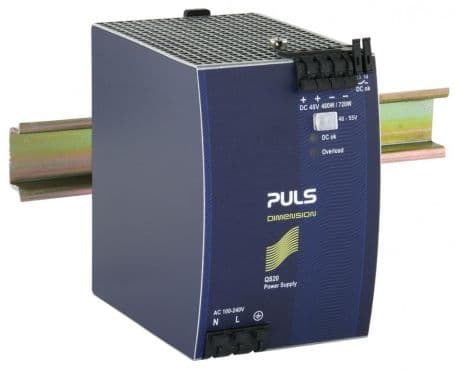 Puls QS20.481 PULS QS20.481 is a power supply unit designed for AC/DC conversion with a 50% power reserve. It features DIN rail mounting and operates within an ambient air temperature range of -25 to +70°C. The unit is equipped with a DC-OK relay contact output and offers a rated current of 10A at 48Vdc and 8.7A at 55Vdc, with a power derating from 12W at +60°C to +70°C. Connection is facilitated through spring-clamp connections. The supply voltage ranges from 85Vac to 264Vac for AC input and 88Vdc to 188Vdc for DC input, supporting various nominal voltages and featuring specific turn-on and shutdown voltages. Housed in an aluminium casing, it is suitable for single-phase (1AC) or DC networks, with dimensions of W82mm x H124mm x D127mm. The rated power is 480W, with a short-term capacity of 720W for up to 4 seconds. Output voltage is adjustable between 48Vdc and 55Vdc. Protection functions include output overvoltage protection and overload/short-circuit protection, with capabilities for series or parallel operation for increased output power. Efficiency rates vary with input voltage, and the unit exhibits specific current consumption, time delay, hold time, power dissipation/losses, and electrical durability metrics. Ripple is maintained at 100mVpp, and the output stage capacitance is 3100 µF. Puls QS20.481 PULS QS20.481 is a power supply unit designed for AC/DC conversion with a 50% power reserve. It features DIN rail mounting and operates within an ambient air temperature range of -25 to +70°C. The unit is equipped with a DC-OK relay contact output and offers a rated current of 10A at 48Vdc and 8.7A at 55Vdc, with a power derating from 12W at +60°C to +70°C. Connection is facilitated through spring-clamp connections. The supply voltage ranges from 85Vac to 264Vac for AC input and 88Vdc to 188Vdc for DC input, supporting various nominal voltages and featuring specific turn-on and shutdown voltages. Housed in an aluminium casing, it is suitable for single-phase (1AC) or DC networks, with dimensions of W82mm x H124mm x D127mm. The rated power is 480W, with a short-term capacity of 720W for up to 4 seconds. Output voltage is adjustable between 48Vdc and 55Vdc. Protection functions include output overvoltage protection and overload/short-circuit protection, with capabilities for series or parallel operation for increased output power. Efficiency rates vary with input voltage, and the unit exhibits specific current consumption, time delay, hold time, power dissipation/losses, and electrical durability metrics. Ripple is maintained at 100mVpp, and the output stage capacitance is 3100 µF.