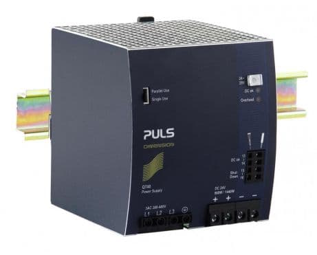 Puls QT40.242 PULS QT40.242 is a power supply unit designed for AC/DC conversion with a 50% power reserve. It supports DIN rail mounting and operates within an ambient air temperature range of -25 to +70°C. This unit features an extended lifetime and includes a DC-OK relay contact output. It provides a rated current of 40A at 24Vdc and 34.3A at 28Vdc, with a derating to 24W between +60°C and +70°C. The QT40.242 utilizes screw-clamp connections and accepts a wide range supply voltage of 323Vac-576Vac across various nominal voltages (380Vac / 400Vac / 415Vac / 440Vac / 480Vac / 500Vac / 525Vac; 47-63Hz) with a 3-phase input. It belongs to the Q-series and is housed in an aluminium casing with dimensions of W110mm x H124mm x D127mm. Designed for a 3-phase network, it has a net width of 110 mm and offers a rated power of 960W (up to 1440W short-term for 4s). The output voltage is adjustable between 24Vdc and 28Vdc. Protection features include output overvoltage protection and active input inrush current limiter, with overload and short-circuit current protection supporting both series and parallel operation. The unit is resistant to back-feeding loads up to 35V. It achieves an efficiency of 0.952 to 0.953 depending on the input voltage, with a peak current consumption of 6A max. inrush. The start-up delay ranges from 500-600s, with a rise time of 35-40ms and a hold time of 25ms. Power dissipation/losses are 47.3W to 48.4W, depending on the input voltage. Electrical durability varies with conditions, reaching up to 475,000 hours at 25°C and 20A output with a 3AC 400Vac input. Ripple is maintained at 100mVpp, and the output stage capacitance is 10200 µF. Puls QT40.242 PULS QT40.242 is a power supply unit designed for AC/DC conversion with a 50% power reserve. It supports DIN rail mounting and operates within an ambient air temperature range of -25 to +70°C. This unit features an extended lifetime and includes a DC-OK relay contact output. It provides a rated current of 40A at 24Vdc and 34.3A at 28Vdc, with a derating to 24W between +60°C and +70°C. The QT40.242 utilizes screw-clamp connections and accepts a wide range supply voltage of 323Vac-576Vac across various nominal voltages (380Vac / 400Vac / 415Vac / 440Vac / 480Vac / 500Vac / 525Vac; 47-63Hz) with a 3-phase input. It belongs to the Q-series and is housed in an aluminium casing with dimensions of W110mm x H124mm x D127mm. Designed for a 3-phase network, it has a net width of 110 mm and offers a rated power of 960W (up to 1440W short-term for 4s). The output voltage is adjustable between 24Vdc and 28Vdc. Protection features include output overvoltage protection and active input inrush current limiter, with overload and short-circuit current protection supporting both series and parallel operation. The unit is resistant to back-feeding loads up to 35V. It achieves an efficiency of 0.952 to 0.953 depending on the input voltage, with a peak current consumption of 6A max. inrush. The start-up delay ranges from 500-600s, with a rise time of 35-40ms and a hold time of 25ms. Power dissipation/losses are 47.3W to 48.4W, depending on the input voltage. Electrical durability varies with conditions, reaching up to 475,000 hours at 25°C and 20A output with a 3AC 400Vac input. Ripple is maintained at 100mVpp, and the output stage capacitance is 10200 µF.