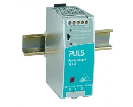 Puls SLA3.100 PULS SLA3.100 is a power supply unit designed with NEC Class 2 and ATEX approval, compliant with EN 61000-3-2 PFC norm, featuring a DC-OK relay contact output. It serves as an AS-Interface power supply unit (PSU) encased in a robust metal housing. This unit offers screw-clamp connections for secure installation and measures W49mm x H124mm x D102mm. It supports a wide range of supply voltages, including AC options from 85Vac to 264Vac and a DC option from 230Vdc to 375Vdc, with a rated current of 2.8A at 30.6Vdc. Designed for DIN rail mounting, it operates within an ambient air temperature range of -10 to +70 °C. The SLA3.100 experiences a peak inrush current consumption of 49.7A at 230Vac input and 44.7A at 120Vac input. It is suitable for single-phase (1AC) or DC networks and includes protection functions such as output overvoltage protection (up to 55Vdc max.), NTC for input inrush current limiting, and overload/short-circuit protection. The output voltage is fixed at 30.6Vdc, with an efficiency of 0.905 at 230Vac input, a hold time of 26ms at 100Vac input, power dissipation/losses of 9.1W at full output load, and a ripple of 50mVpp across 20Hz to 20MHz at 50Ω. Puls SLA3.100 PULS SLA3.100 is a power supply unit designed with NEC Class 2 and ATEX approval, compliant with EN 61000-3-2 PFC norm, featuring a DC-OK relay contact output. It serves as an AS-Interface power supply unit (PSU) encased in a robust metal housing. This unit offers screw-clamp connections for secure installation and measures W49mm x H124mm x D102mm. It supports a wide range of supply voltages, including AC options from 85Vac to 264Vac and a DC option from 230Vdc to 375Vdc, with a rated current of 2.8A at 30.6Vdc. Designed for DIN rail mounting, it operates within an ambient air temperature range of -10 to +70 °C. The SLA3.100 experiences a peak inrush current consumption of 49.7A at 230Vac input and 44.7A at 120Vac input. It is suitable for single-phase (1AC) or DC networks and includes protection functions such as output overvoltage protection (up to 55Vdc max.), NTC for input inrush current limiting, and overload/short-circuit protection. The output voltage is fixed at 30.6Vdc, with an efficiency of 0.905 at 230Vac input, a hold time of 26ms at 100Vac input, power dissipation/losses of 9.1W at full output load, and a ripple of 50mVpp across 20Hz to 20MHz at 50Ω.