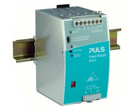 Puls SLA4.100 PULS SLA4.100 is a power supply unit designed with a PFC compliant to EN 61000-3-2 standards, featuring a DC-OK relay contact output. It serves as an AS-Interface power supply unit (PSU) encased in a robust metal housing. This unit offers screw-clamp connections for secure installation and measures W73mm x H124mm x D102mm. It supports a wide range of supply voltages, including AC inputs from 85Vac-132Vac / 187Vac-264Vac across various nominal values and a DC input range of 240Vdc-300Vdc, with a rated current of 4A at 30.5Vdc. Designed for DIN rail mounting, it operates efficiently within an ambient air temperature range of -10...+70 °C. The SLA4.100 experiences a peak inrush current consumption of 49.7A at 230Vac input and 44.7A at 120Vac input, suitable for single-phase (1AC) or DC networks. It incorporates multiple protection functions, including output overvoltage protection up to 55Vdc max., NTC for input inrush current limiting, and overload/short-circuit protection with a current range of min. 4.2A to max. 6.5A, though it does not support series or parallel operation or ground-fault monitoring. The output voltage is fixed at 30.5Vdc, with an efficiency of 0.9 at 230Vac input, a hold time of 30ms at 100Vac input, power dissipation/losses at 13.5 W under full output load at 230Vac input, and a ripple of 50mVpp across 20Hz to 20MHz at 50Ω. Puls SLA4.100 PULS SLA4.100 is a power supply unit designed with a PFC compliant to EN 61000-3-2 standards, featuring a DC-OK relay contact output. It serves as an AS-Interface power supply unit (PSU) encased in a robust metal housing. This unit offers screw-clamp connections for secure installation and measures W73mm x H124mm x D102mm. It supports a wide range of supply voltages, including AC inputs from 85Vac-132Vac / 187Vac-264Vac across various nominal values and a DC input range of 240Vdc-300Vdc, with a rated current of 4A at 30.5Vdc. Designed for DIN rail mounting, it operates efficiently within an ambient air temperature range of -10...+70 °C. The SLA4.100 experiences a peak inrush current consumption of 49.7A at 230Vac input and 44.7A at 120Vac input, suitable for single-phase (1AC) or DC networks. It incorporates multiple protection functions, including output overvoltage protection up to 55Vdc max., NTC for input inrush current limiting, and overload/short-circuit protection with a current range of min. 4.2A to max. 6.5A, though it does not support series or parallel operation or ground-fault monitoring. The output voltage is fixed at 30.5Vdc, with an efficiency of 0.9 at 230Vac input, a hold time of 30ms at 100Vac input, power dissipation/losses at 13.5 W under full output load at 230Vac input, and a ripple of 50mVpp across 20Hz to 20MHz at 50Ω.