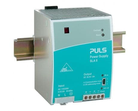Puls SLA8.100 PULS SLA8.100 is a power supply unit designed with a DC-OK relay contact output and functions as an AS-Interface PSU. It is encased in a robust metal housing and utilizes screw-clamp connections for secure installation. The dimensions of this unit are W91mm x H124mm x D102mm. It supports a wide range of supply voltages, including AC inputs from 85Vac to 132Vac and 187Vac to 264Vac, as well as DC inputs from 230Vdc to 375Vdc, with manual selection available for specific nominal voltages. The rated current is 8A at 30.6Vdc, with a derating at 6W/+60°C to +70°C. Designed for DIN rail mounting, it operates efficiently within an ambient air temperature range of -10 to +70 °C. The SLA8.100 experiences a peak inrush current consumption of 27A at 240Vac input and 14A at 120Vac input. It is compatible with single-phase (1AC) or DC networks and incorporates protection functions against output overvoltage (up to 55Vdc max.), with an active input inrush current limiter and overload/short-circuit protection ranging from min. 12A to max. 25A. However, series or parallel operation is not supported. The output voltage is fixed at 30.6Vdc, with an efficiency of 0.92 at 230Vac input. The hold time is 10ms at 100Vac input, with power dissipation/losses at 21.2W under full output load at 230Vac input. Ripple is maintained at 50mVpp across a frequency range of 20Hz to 20MHz at 50Ω. Puls SLA8.100 PULS SLA8.100 is a power supply unit designed with a DC-OK relay contact output and functions as an AS-Interface PSU. It is encased in a robust metal housing and utilizes screw-clamp connections for secure installation. The dimensions of this unit are W91mm x H124mm x D102mm. It supports a wide range of supply voltages, including AC inputs from 85Vac to 132Vac and 187Vac to 264Vac, as well as DC inputs from 230Vdc to 375Vdc, with manual selection available for specific nominal voltages. The rated current is 8A at 30.6Vdc, with a derating at 6W/+60°C to +70°C. Designed for DIN rail mounting, it operates efficiently within an ambient air temperature range of -10 to +70 °C. The SLA8.100 experiences a peak inrush current consumption of 27A at 240Vac input and 14A at 120Vac input. It is compatible with single-phase (1AC) or DC networks and incorporates protection functions against output overvoltage (up to 55Vdc max.), with an active input inrush current limiter and overload/short-circuit protection ranging from min. 12A to max. 25A. However, series or parallel operation is not supported. The output voltage is fixed at 30.6Vdc, with an efficiency of 0.92 at 230Vac input. The hold time is 10ms at 100Vac input, with power dissipation/losses at 21.2W under full output load at 230Vac input. Ripple is maintained at 50mVpp across a frequency range of 20Hz to 20MHz at 50Ω.