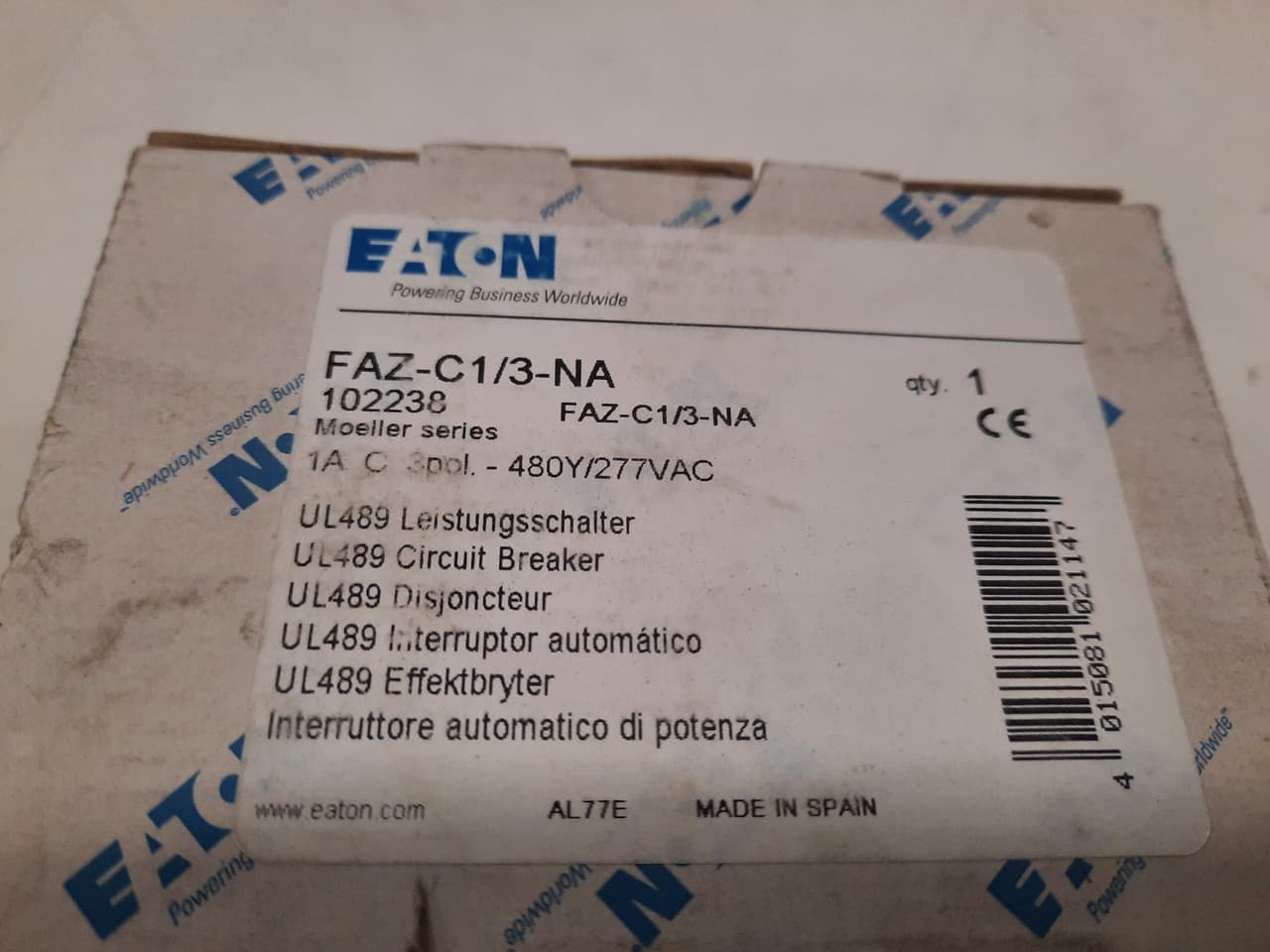 Eaton FAZ-C1/3-NA 277/480 VAC 50/60 Hz, 1 A, 3-Pole, 10/14 kA, 5 to 10 x Rated Current, Screw Terminal, DIN Rail Mount, Standard Packaging, C-Curve, Current Limiting, Thermal Magnetic Eaton FAZ-C1/3-NA 277/480 VAC 50/60 Hz, 1 A, 3-Pole, 10/14 kA, 5 to 10 x Rated Current, Screw Terminal, DIN Rail Mount, Standard Packaging, C-Curve, Current Limiting, Thermal Magnetic