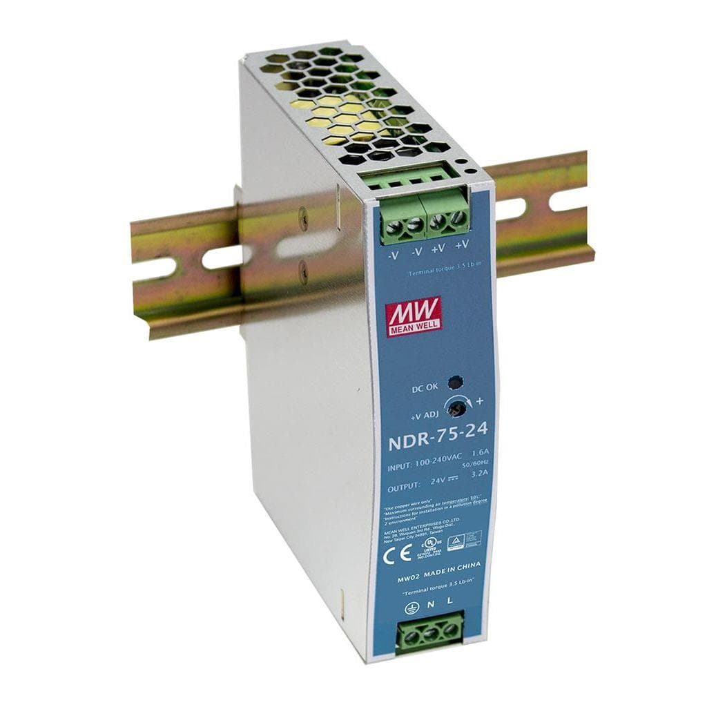 MEAN WELL NDR-75-12 AC-DC Single output Industrial DIN rail power supply; Output 12Vdc at 6.3A; metal case MEAN WELL NDR-75-12 AC-DC Single output Industrial DIN rail power supply; Output 12Vdc at 6.3A; metal case