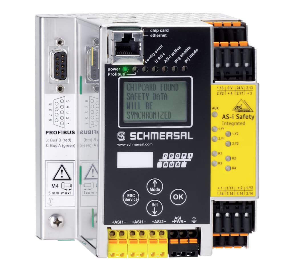 Schmersal ASMM-2M-PB-RRSS AS interface safety at work (archive); System components; 2 AS interface master integrated; Field bus gateway: PROFIBUS DP; Integrated safety monitor for 2 AS-i circuits, 256 Devices; 2 AS-i power supply unit decoupling with 2 x 4 A integrated; 1 power su Schmersal ASMM-2M-PB-RRSS AS interface safety at work (archive); System components; 2 AS interface master integrated; Field bus gateway: PROFIBUS DP; Integrated safety monitor for 2 AS-i circuits, 256 Devices; 2 AS-i power supply unit decoupling with 2 x 4 A integrated; 1 power su