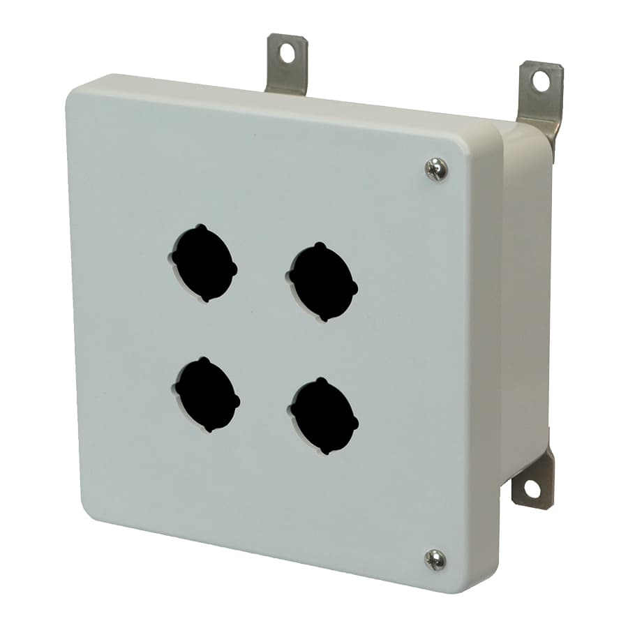 Allied Moulded Products AM664HP4 6"x6"x4" AM Series fiberglass wall mount enclosure assembly with 2-screw hinged cover and 4 pushbutton holes Allied Moulded Products AM664HP4 6"x6"x4" AM Series fiberglass wall mount enclosure assembly with 2-screw hinged cover and 4 pushbutton holes