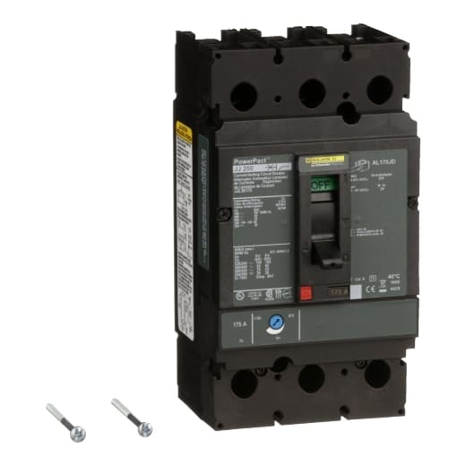 Schneider Electric JJL36175 Square D by Schneider Electric JJL36175 is a Moulded Case Circuit Breaker (MCCB) within the PowerPacT JJL sub-range, featuring a PowerPact J-Frame 250 TMD 3P 175A 600Vac 25kA design with lugs on both load and line sides for connection. This 3-pole (3P) device offers thermal protection for overload scenarios and magnetic protection against short-circuits, with a rated current of 175A. It operates at a rated insulation voltage (Ui) of 750 V and an AC rated voltage of 600Vac 600Y/347Vac, alongside a DC rated voltage of 250Vdc. Designed for individual unit mount on plate, it measures 191 mm in height, 105 mm in width, and 127 mm in depth, with an IP40 degree of protection. The operating mode is manual toggle, and it features over-current protection fixed at 175A and short-circuit pickup current adjustable between 875A and 1750A. The rated operating voltage (Ue) is 690 V, with a rated impulse voltage (Uimp) of 8 kV. Its trip current rating is 175 AT, frame current rating is 250 AF, and it has a short circuit breaking rating that varies with voltage, up to 100kA at 240Vac according to UL489 standards. The trip unit employs thermal-magnetic technology, adjustable, without a display, and falls under utilisation category A. Schneider Electric JJL36175 Square D by Schneider Electric JJL36175 is a Moulded Case Circuit Breaker (MCCB) within the PowerPacT JJL sub-range, featuring a PowerPact J-Frame 250 TMD 3P 175A 600Vac 25kA design with lugs on both load and line sides for connection. This 3-pole (3P) device offers thermal protection for overload scenarios and magnetic protection against short-circuits, with a rated current of 175A. It operates at a rated insulation voltage (Ui) of 750 V and an AC rated voltage of 600Vac 600Y/347Vac, alongside a DC rated voltage of 250Vdc. Designed for individual unit mount on plate, it measures 191 mm in height, 105 mm in width, and 127 mm in depth, with an IP40 degree of protection. The operating mode is manual toggle, and it features over-current protection fixed at 175A and short-circuit pickup current adjustable between 875A and 1750A. The rated operating voltage (Ue) is 690 V, with a rated impulse voltage (Uimp) of 8 kV. Its trip current rating is 175 AT, frame current rating is 250 AF, and it has a short circuit breaking rating that varies with voltage, up to 100kA at 240Vac according to UL489 standards. The trip unit employs thermal-magnetic technology, adjustable, without a display, and falls under utilisation category A.
