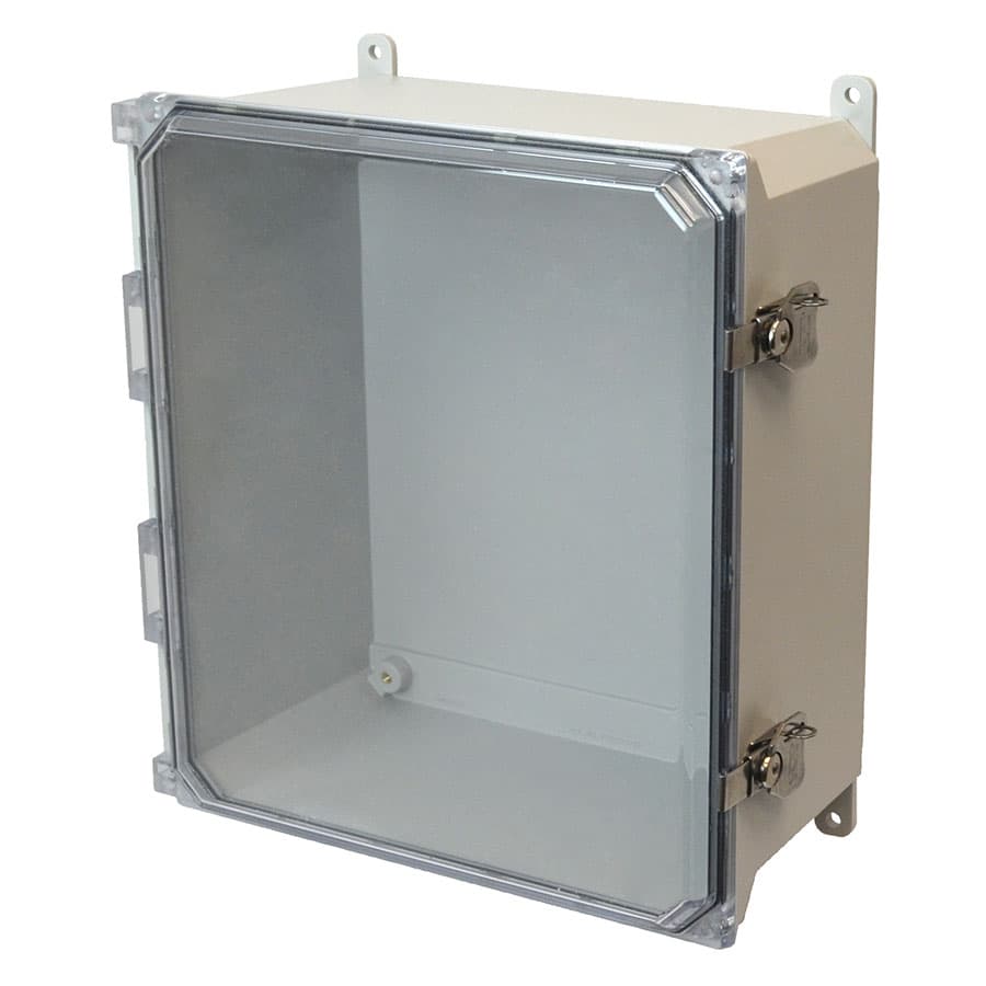 Allied Moulded Products AMU1206CCT 12"x10"x6" ULTRALINE® fiberglass wall mount enclosure assembly with hinged clear cover and stainless-steel twist latch Allied Moulded Products AMU1206CCT 12"x10"x6" ULTRALINE® fiberglass wall mount enclosure assembly with hinged clear cover and stainless-steel twist latch