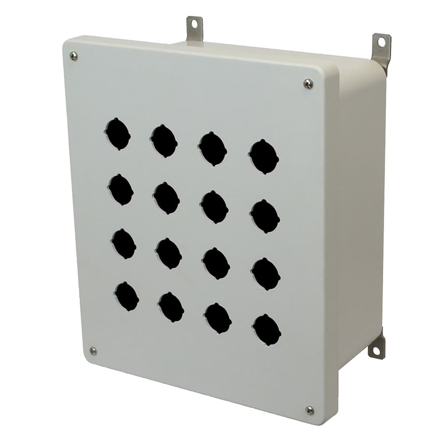 Allied Moulded Products AM1206P16 12"x10"x6" AM Series fiberglass wall mount enclosure assembly with 4-screw lift-off cover and 16 pushbutton holes Allied Moulded Products AM1206P16 12"x10"x6" AM Series fiberglass wall mount enclosure assembly with 4-screw lift-off cover and 16 pushbutton holes