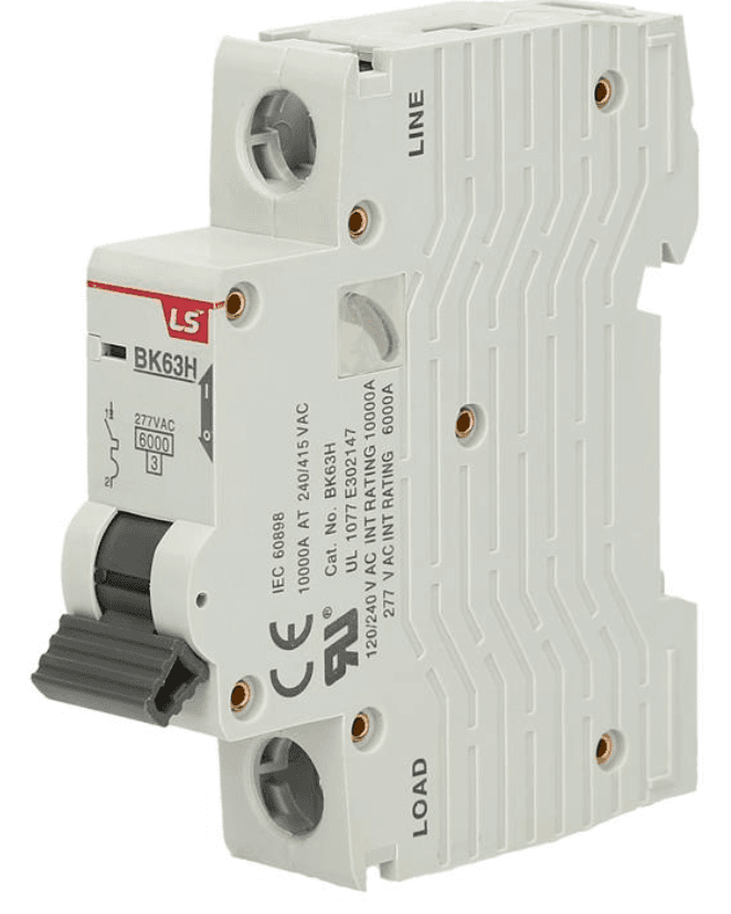 LS Electric BK63H 1P B5A 6KA 277VAC UL1077 Miniature circuit breaker, UL1077, 1 pole. Operating voltage: 277 V AC, Current rating: 5 A, SCCR: 6 kA, Trip curve: B LS Electric BK63H 1P B5A 6KA 277VAC UL1077 Miniature circuit breaker, UL1077, 1 pole. Operating voltage: 277 V AC, Current rating: 5 A, SCCR: 6 kA, Trip curve: B