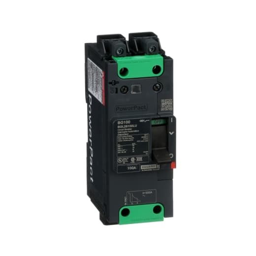 Schneider Electric BGL26100LU Square D by Schneider Electric BGL26100LU is a Moulded Case Circuit Breaker (MCCB) within the PowerPacT BGL sub-range. It features a PowerPact B-Frame 100 TMD 2P 100A design, operating at 600Y/347Vac with a short circuit breaking rating of 18kA and includes Everlink (Creep compensating) lugs on both line and load sides, plus a Control Wire terminal (CWT) on the line side only. This MCCB has a rated impulse voltage (Uimp) of 8 kV, an IP40 degree of protection, and a rated current of 100A. It supports a fixed mounting on DIN rail or can be individually mounted on a plate, with dimensions of 137 mm in height, 80 mm in depth, and 54 mm in width. The BGL26100LU is designed for a utilisation category A, with a mechanical durability of 20,000 operations at no load and an electrical durability of 10,000 operations with load at 440Vac. Its protection settings include over-current fixed at 100A, short-circuit hold current fixed at 1000A, and short-circuit trip current fixed at 1500A. The device operates with a toggle (manual) mode and features thermal and magnetic protection functions without a display. Schneider Electric BGL26100LU Square D by Schneider Electric BGL26100LU is a Moulded Case Circuit Breaker (MCCB) within the PowerPacT BGL sub-range. It features a PowerPact B-Frame 100 TMD 2P 100A design, operating at 600Y/347Vac with a short circuit breaking rating of 18kA and includes Everlink (Creep compensating) lugs on both line and load sides, plus a Control Wire terminal (CWT) on the line side only. This MCCB has a rated impulse voltage (Uimp) of 8 kV, an IP40 degree of protection, and a rated current of 100A. It supports a fixed mounting on DIN rail or can be individually mounted on a plate, with dimensions of 137 mm in height, 80 mm in depth, and 54 mm in width. The BGL26100LU is designed for a utilisation category A, with a mechanical durability of 20,000 operations at no load and an electrical durability of 10,000 operations with load at 440Vac. Its protection settings include over-current fixed at 100A, short-circuit hold current fixed at 1000A, and short-circuit trip current fixed at 1500A. The device operates with a toggle (manual) mode and features thermal and magnetic protection functions without a display.