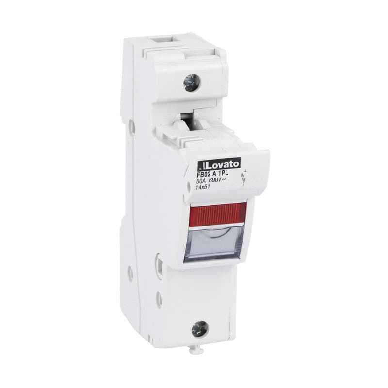 Lovato Electric FB02A1PL FB02A1PL Lovato - Fuse holder UL recognized and CSA certified, for 14X51mm fuses. 50A rated current at 690VAC, 1P. With status indicator. 1 module Lovato Electric FB02A1PL FB02A1PL Lovato - Fuse holder UL recognized and CSA certified, for 14X51mm fuses. 50A rated current at 690VAC, 1P. With status indicator. 1 module