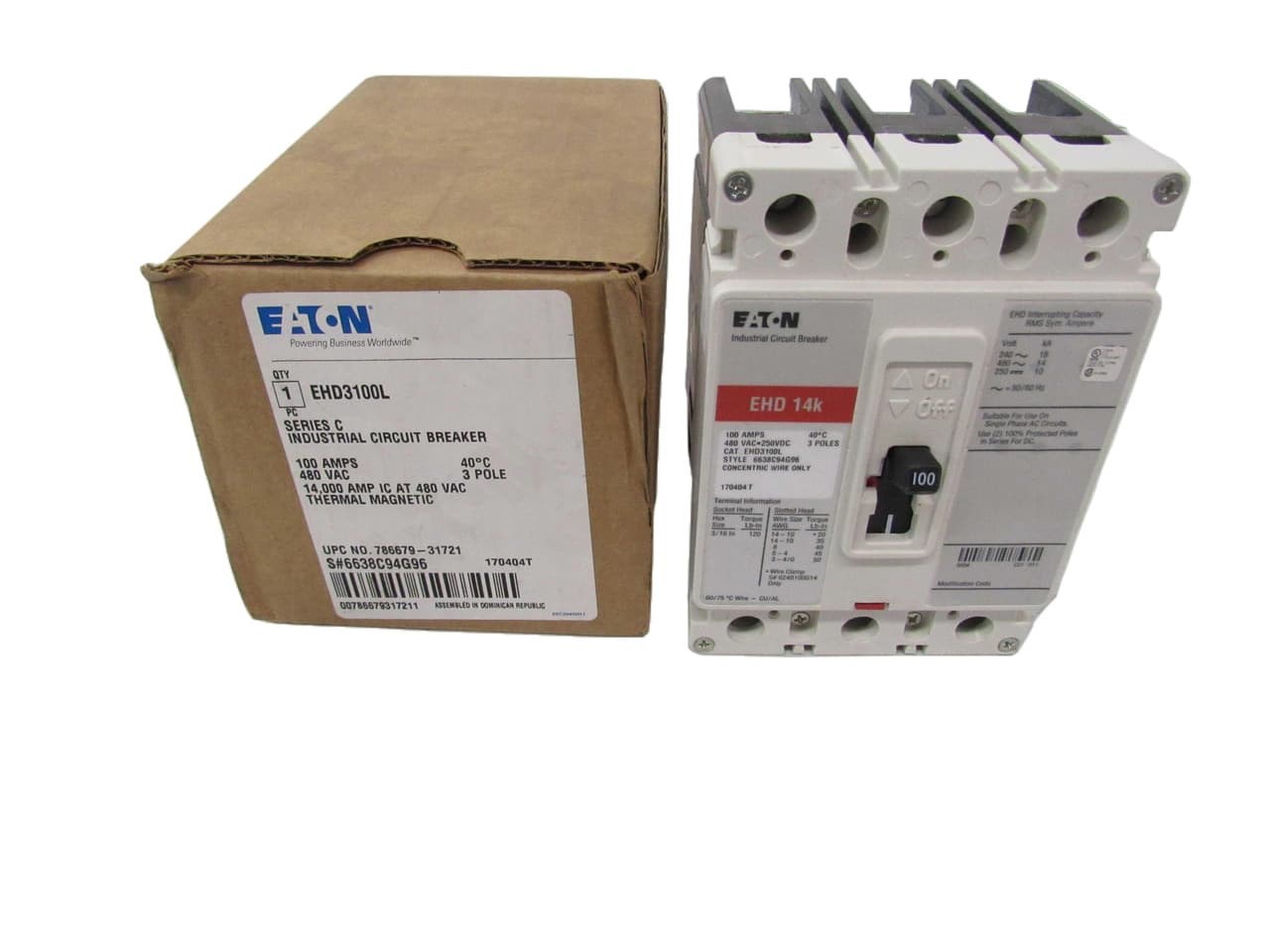 Eaton EHD3100L EHD3100L Eaton - Eaton Series C complete molded case circuit breaker, F-frame, EHD, Complete breaker, Fixed thermal, fixed magnetic trip type, Three-pole, 100A, 18 kAIC at 240 Vac, 14 kAIC at 480 Vac, Line and load, 50/60 Hz Eaton EHD3100L EHD3100L Eaton - Eaton Series C complete molded case circuit breaker, F-frame, EHD, Complete breaker, Fixed thermal, fixed magnetic trip type, Three-pole, 100A, 18 kAIC at 240 Vac, 14 kAIC at 480 Vac, Line and load, 50/60 Hz