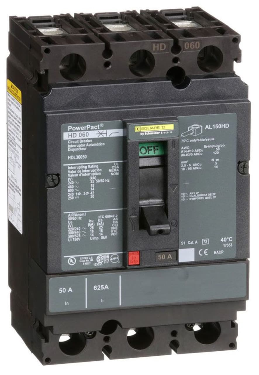 Schneider Electric HDL36050 Square D by Schneider Electric HDL36050 is a Moulded Case Circuit Breaker (MCCB) within the PowerPacT HDL sub-range, designed with a PowerPact H-Frame 150 TMD, featuring 3 poles (3P) and a rated current of 50A. It operates at a rated insulation voltage (Ui) of 750 V, with AC rated voltages of 600Vac and 600Y/347Vac, and a DC rated voltage of 250Vdc. This unit is equipped with thermal protection for overload scenarios and magnetic protection for short-circuit conditions. It supports a connection type of lugs on both load and line sides and is designed for individual unit mount on plate. The HDL36050 has a net height of 163 mm, a width of 104 mm, and a depth of 86 mm, offering a degree of protection of IP40. Its operating mode is manual toggle, with over-current protection settings fixed at 50A, short-circuit hold current fixed at 400A, and short-circuit trip current fixed at 850A. The rated operating voltage (Ue) is 690 V, with a rated impulse voltage (Uimp) of 8 kV. The trip current rating is 50 AT, with a frame current rating of 150 AF. It has a short circuit breaking rating of 25kA at 240Vac, 18kA at 480Vac and 480Y/277Vac, 14kA at 600Vac and 600Y/347Vac under UL489, and 20kA at 250Vdc. The trip unit type is thermal-magnetic (fixed), without a display, and it falls under utilisation category A. Schneider Electric HDL36050 Square D by Schneider Electric HDL36050 is a Moulded Case Circuit Breaker (MCCB) within the PowerPacT HDL sub-range, designed with a PowerPact H-Frame 150 TMD, featuring 3 poles (3P) and a rated current of 50A. It operates at a rated insulation voltage (Ui) of 750 V, with AC rated voltages of 600Vac and 600Y/347Vac, and a DC rated voltage of 250Vdc. This unit is equipped with thermal protection for overload scenarios and magnetic protection for short-circuit conditions. It supports a connection type of lugs on both load and line sides and is designed for individual unit mount on plate. The HDL36050 has a net height of 163 mm, a width of 104 mm, and a depth of 86 mm, offering a degree of protection of IP40. Its operating mode is manual toggle, with over-current protection settings fixed at 50A, short-circuit hold current fixed at 400A, and short-circuit trip current fixed at 850A. The rated operating voltage (Ue) is 690 V, with a rated impulse voltage (Uimp) of 8 kV. The trip current rating is 50 AT, with a frame current rating of 150 AF. It has a short circuit breaking rating of 25kA at 240Vac, 18kA at 480Vac and 480Y/277Vac, 14kA at 600Vac and 600Y/347Vac under UL489, and 20kA at 250Vdc. The trip unit type is thermal-magnetic (fixed), without a display, and it falls under utilisation category A.