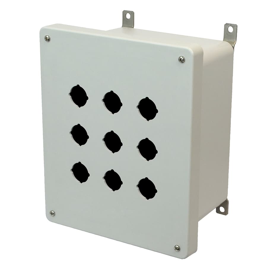Allied Moulded Products AM1086P9 10"x8"x6" AM Series Fiberglass wall mount enclosure assembly with 4-screw lift-off cover and 9 pushbutton holes Allied Moulded Products AM1086P9 10"x8"x6" AM Series Fiberglass wall mount enclosure assembly with 4-screw lift-off cover and 9 pushbutton holes