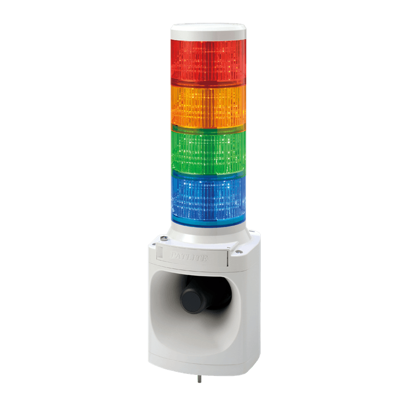 Patlite LKEH-412FE-RYGB-FC014 Combination Alarm with 4-tier Signal Tower and 105dB Horn, 32 Pre-recorded Alarms, 120V AC, Red, Amber, Green and Blue LED Modules Patlite LKEH-412FE-RYGB-FC014 Combination Alarm with 4-tier Signal Tower and 105dB Horn, 32 Pre-recorded Alarms, 120V AC, Red, Amber, Green and Blue LED Modules