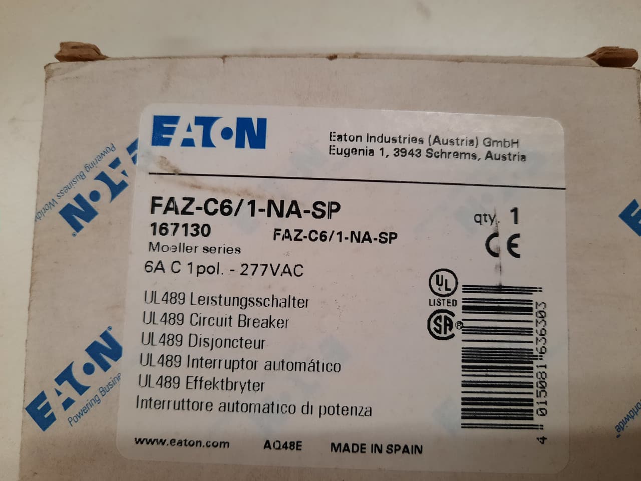 Eaton FAZ-C6/1-NA-SP Eaton FAZ branch protector,UL 489 Industrial miniature circuit breaker - supplementary protector,Single package,Medium levels of inrush current are expected,6 A,10 kAIC,Single-pole,277 V,5-10X /n,Q38,50-60 Hz,Screw terminals,C Curve Eaton FAZ-C6/1-NA-SP Eaton FAZ branch protector,UL 489 Industrial miniature circuit breaker - supplementary protector,Single package,Medium levels of inrush current are expected,6 A,10 kAIC,Single-pole,277 V,5-10X /n,Q38,50-60 Hz,Screw terminals,C Curve