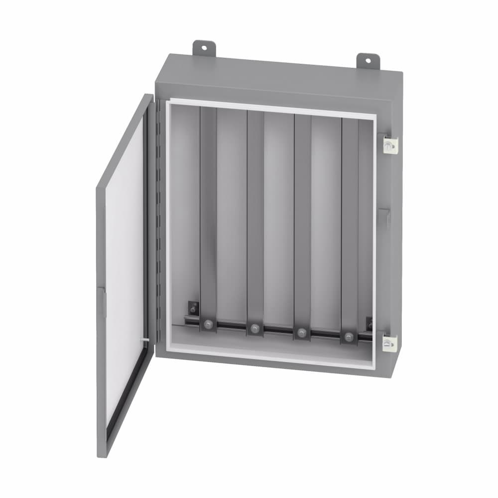 Eaton 24246-12TE Eaton B-Line series wall mounted panel enclosure, 24" height, 6" length, 24" width, NEMA 12, Hinged cover, 12TE enclosure, Wall mount, Medium single door, External mounting feet, Carbon steel, Seamless poured in-place gasket Eaton 24246-12TE Eaton B-Line series wall mounted panel enclosure, 24" height, 6" length, 24" width, NEMA 12, Hinged cover, 12TE enclosure, Wall mount, Medium single door, External mounting feet, Carbon steel, Seamless poured in-place gasket