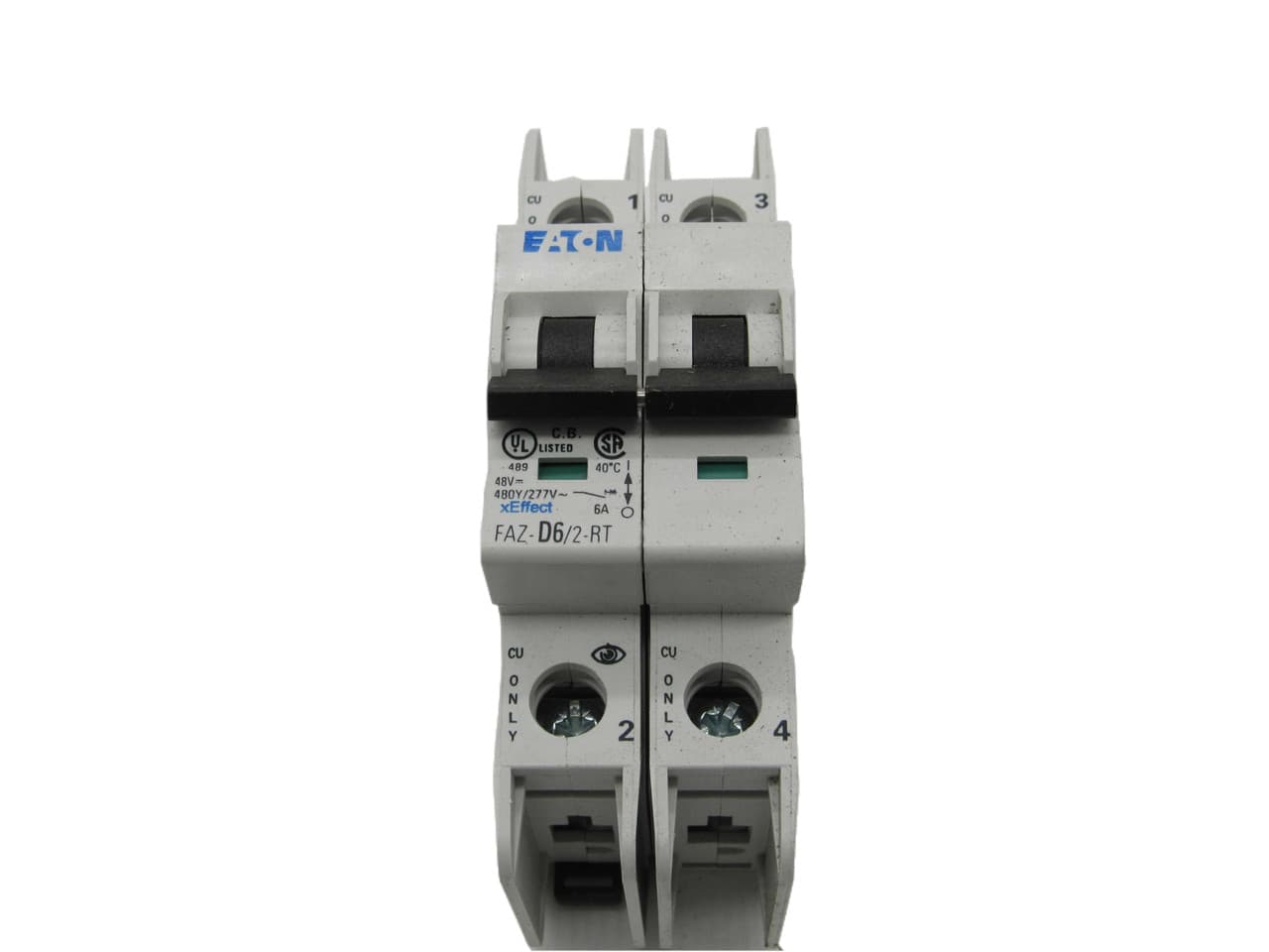 Eaton FAZ-D6/2-RT 277/480 VAC 50/60 Hz, 6 A, 2-Pole, 10/14 kA, 10 to 20 x Rated Current, Ring Tongue Terminal, DIN Rail Mount, Standard Packaging, D-Curve, Current Limiting, Thermal Magnetic Eaton FAZ-D6/2-RT 277/480 VAC 50/60 Hz, 6 A, 2-Pole, 10/14 kA, 10 to 20 x Rated Current, Ring Tongue Terminal, DIN Rail Mount, Standard Packaging, D-Curve, Current Limiting, Thermal Magnetic