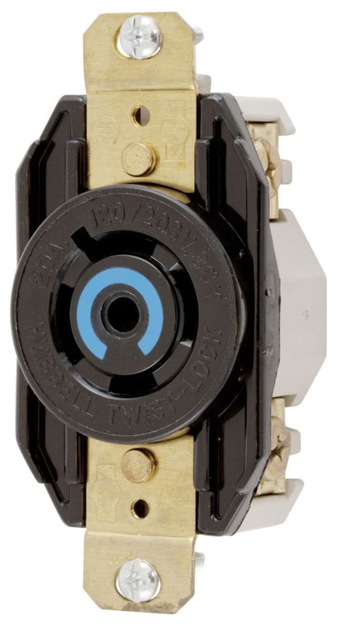 Hubbell HBL2510 Locking Devices, Twist-Lock®, Industrial, Single Flush Receptacle, 20A 3-Phase Wye 120/208V AC, 4-Pole 5-Wire Grounding, NEMA L21-20R, Screw Terminal, Nylon face, Back and side wire, Black. ; Wire restraint recess for both back and side wiring, greatly r Hubbell HBL2510 Locking Devices, Twist-Lock®, Industrial, Single Flush Receptacle, 20A 3-Phase Wye 120/208V AC, 4-Pole 5-Wire Grounding, NEMA L21-20R, Screw Terminal, Nylon face, Back and side wire, Black. ; Wire restraint recess for both back and side wiring, greatly r
