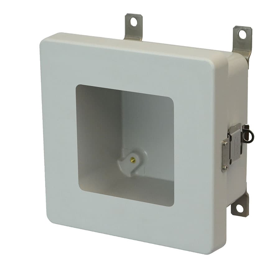 Allied Moulded Products AM664LW 6"x6"x4" AM Series fiberglass wall mount enclosure assembly with hinged window cover and stainless steel snap latch Allied Moulded Products AM664LW 6"x6"x4" AM Series fiberglass wall mount enclosure assembly with hinged window cover and stainless steel snap latch
