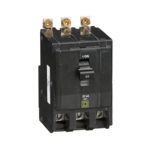 Schneider Electric QOB350VH Square D by Schneider Electric QOB350VH is a Miniature Circuit Breaker (MCB) designed for bolt-on mounting. It features a rated current of 50A and a bolt-on connection type. This MCB operates at a rated voltage of 120V to 240V AC and accommodates a cross-section of 8-2AWG for 1 cable, either aluminum or copper. It is a 3-pole device with a short circuit breaking rating of 22kA at 240Vac. The terminals are designed as box lugs. Schneider Electric QOB350VH Square D by Schneider Electric QOB350VH is a Miniature Circuit Breaker (MCB) designed for bolt-on mounting. It features a rated current of 50A and a bolt-on connection type. This MCB operates at a rated voltage of 120V to 240V AC and accommodates a cross-section of 8-2AWG for 1 cable, either aluminum or copper. It is a 3-pole device with a short circuit breaking rating of 22kA at 240Vac. The terminals are designed as box lugs.