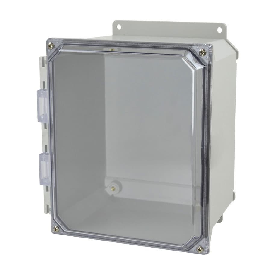 Allied Moulded Products AMU1086CCF 10"x8"x6" ULTRALINE® fiberglass wall mount enclosure assembly with 4-screw lift-off clear cover Allied Moulded Products AMU1086CCF 10"x8"x6" ULTRALINE® fiberglass wall mount enclosure assembly with 4-screw lift-off clear cover