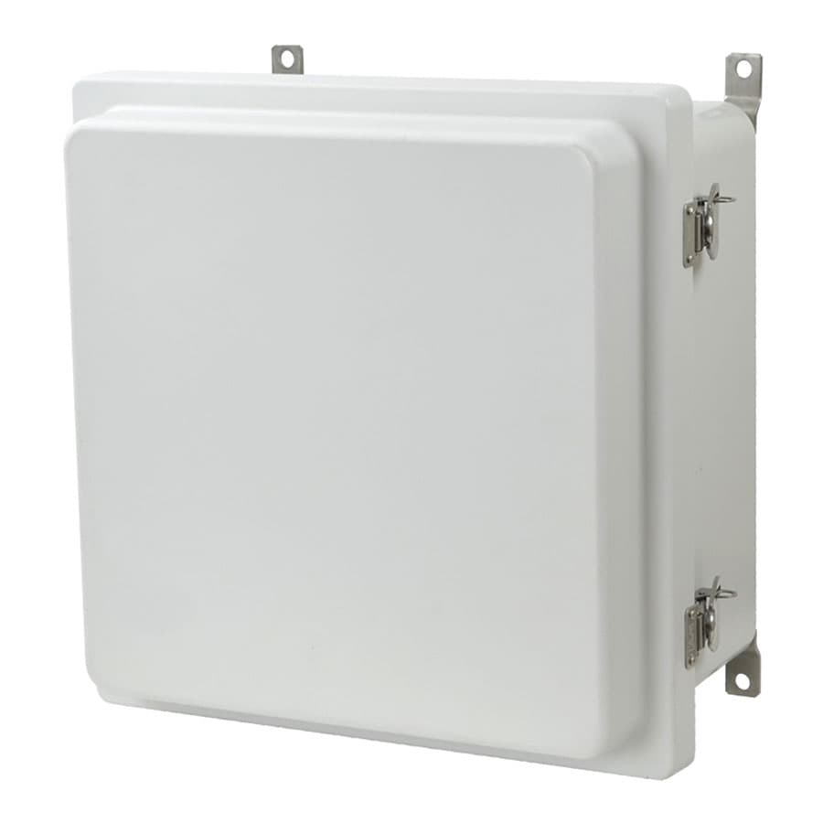 Allied Moulded Products AM1226RT 12"x12"x6" AM-R Series fiberglass wall mount enclosure assembly with raised hinged cover and stainless-steel twist latch Allied Moulded Products AM1226RT 12"x12"x6" AM-R Series fiberglass wall mount enclosure assembly with raised hinged cover and stainless-steel twist latch