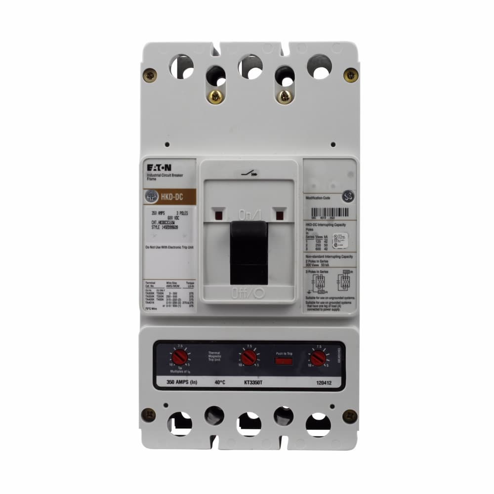Eaton HKDDC3300A1301T1001 Eaton Series C DC/PvGard complete molded case circuit breaker, K-frame, HKD, Interchangeable thermal-magnetic trip, Three-pole, 300A, 600 Vac, 250 Vdc, 42 kAIC at 600 Vdc, Line/load, 2A-2B rear w/36 in right pigtail Eaton HKDDC3300A1301T1001 Eaton Series C DC/PvGard complete molded case circuit breaker, K-frame, HKD, Interchangeable thermal-magnetic trip, Three-pole, 300A, 600 Vac, 250 Vdc, 42 kAIC at 600 Vdc, Line/load, 2A-2B rear w/36 in right pigtail