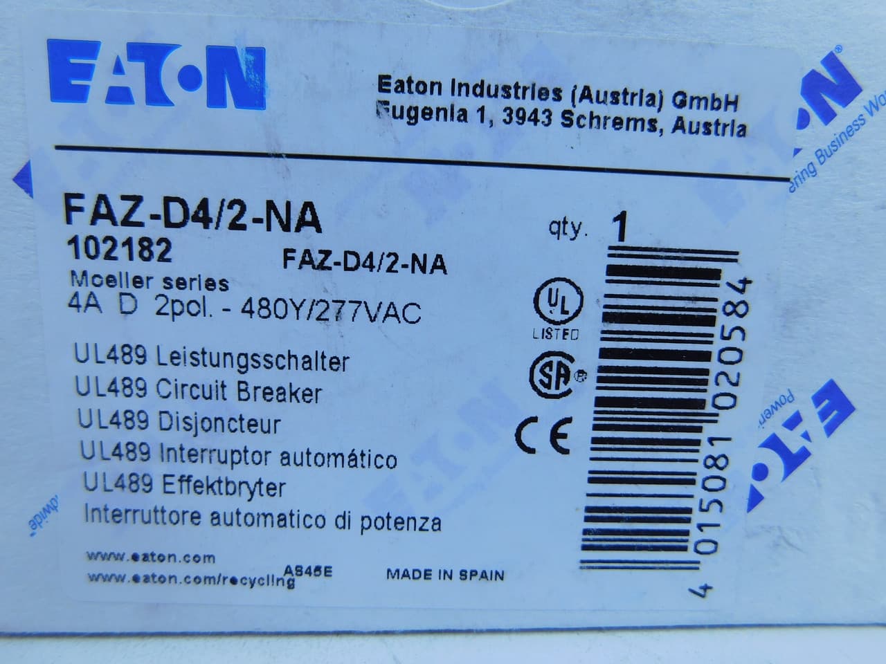Eaton FAZ-D4/2-NA 277/480 VAC 50/60 Hz, 4 A, 2-Pole, 10/14 kA, 10 to 20 x Rated Current, Screw Terminal, DIN Rail Mount, Standard Packaging, D-Curve, Current Limiting, Thermal Magnetic Eaton FAZ-D4/2-NA 277/480 VAC 50/60 Hz, 4 A, 2-Pole, 10/14 kA, 10 to 20 x Rated Current, Screw Terminal, DIN Rail Mount, Standard Packaging, D-Curve, Current Limiting, Thermal Magnetic