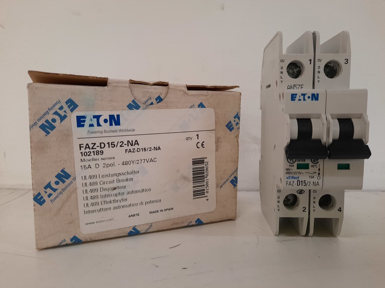 Eaton FAZ-D15/2-NA 277/480 VAC 50/60 Hz, 15 A, 2-Pole, 10/14 kA, 10 to 20 x Rated Current, Screw Terminal, DIN Rail Mount, Standard Packaging, D-Curve, Current Limiting, Thermal Magnetic Eaton FAZ-D15/2-NA 277/480 VAC 50/60 Hz, 15 A, 2-Pole, 10/14 kA, 10 to 20 x Rated Current, Screw Terminal, DIN Rail Mount, Standard Packaging, D-Curve, Current Limiting, Thermal Magnetic