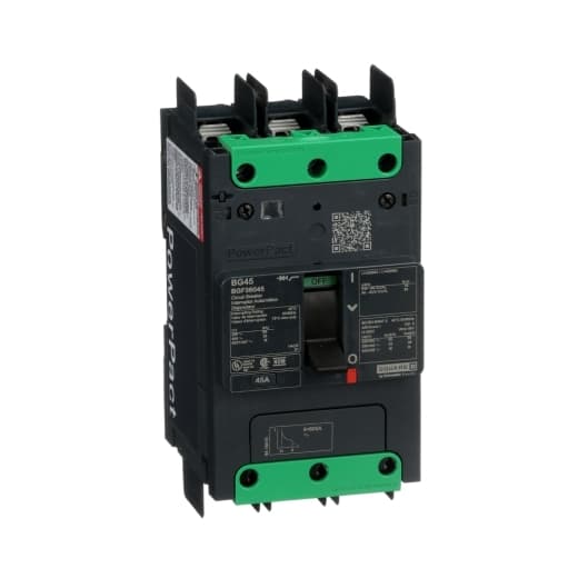 Schneider Electric BGF36045 Square D by Schneider Electric BGF36045 is a Moulded Case Circuit Breaker (MCCB) within the PowerPacT BGF sub-range, featuring a PowerPact B-Frame 100 TMD 3P-3t design with a rated current of 45A and a rated voltage of 600Vac 600Y/347Vac. It has a rated impulse voltage (Uimp) of 8 kV and offers a connection via a Term. nut kit for fixed busbar connection on both line and load sides. The device is IP40 protected, has a mechanical durability of 15,000 operations, and can be mounted on a DIN rail or as an individual unit on a plate. It includes three poles (3P) and has dimensions of 137 mm in height, 80 mm in depth, and 81 mm in width. The BGF36045 operates in Utilisation category A and features over-current protection fixed at 45A, short-circuit hold current fixed at 400A, and short-circuit trip current fixed at 600A. It supports a rated insulation voltage (Ui) of 800 V, a rated operating voltage (Ue) of 525 V, and offers thermal and magnetic protection functions. The trip current rating is 45 AT, with an electrical durability of 10,000 operations at 440Vac; In. The frame current rating is 100 AF, and it operates via a toggle (manual) mode. The short circuit breaking rating varies with voltage, including 65kA at 240Vac, 35kA at 480Vac, 35kA at 480Y/277Vac, 18kA at 600Y/347Vac, and 20kA at 250Vdc, all under UL489. The trip unit type is thermal-magnetic (fixed) without a display. Schneider Electric BGF36045 Square D by Schneider Electric BGF36045 is a Moulded Case Circuit Breaker (MCCB) within the PowerPacT BGF sub-range, featuring a PowerPact B-Frame 100 TMD 3P-3t design with a rated current of 45A and a rated voltage of 600Vac 600Y/347Vac. It has a rated impulse voltage (Uimp) of 8 kV and offers a connection via a Term. nut kit for fixed busbar connection on both line and load sides. The device is IP40 protected, has a mechanical durability of 15,000 operations, and can be mounted on a DIN rail or as an individual unit on a plate. It includes three poles (3P) and has dimensions of 137 mm in height, 80 mm in depth, and 81 mm in width. The BGF36045 operates in Utilisation category A and features over-current protection fixed at 45A, short-circuit hold current fixed at 400A, and short-circuit trip current fixed at 600A. It supports a rated insulation voltage (Ui) of 800 V, a rated operating voltage (Ue) of 525 V, and offers thermal and magnetic protection functions. The trip current rating is 45 AT, with an electrical durability of 10,000 operations at 440Vac; In. The frame current rating is 100 AF, and it operates via a toggle (manual) mode. The short circuit breaking rating varies with voltage, including 65kA at 240Vac, 35kA at 480Vac, 35kA at 480Y/277Vac, 18kA at 600Y/347Vac, and 20kA at 250Vdc, all under UL489. The trip unit type is thermal-magnetic (fixed) without a display.