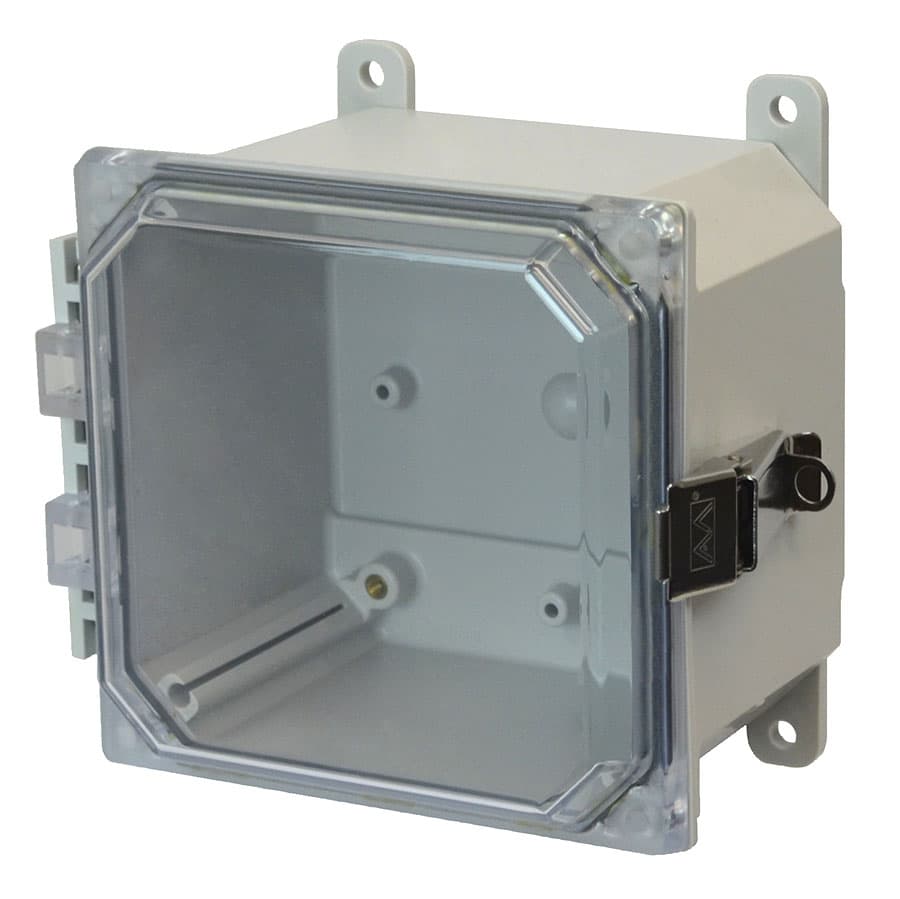Allied Moulded Products AMP664CCL 6"x6"x4" POLYLINE® polycarbonate wall mount enclosure assembly with hinged clear cover and stainless-steel snap latch Allied Moulded Products AMP664CCL 6"x6"x4" POLYLINE® polycarbonate wall mount enclosure assembly with hinged clear cover and stainless-steel snap latch