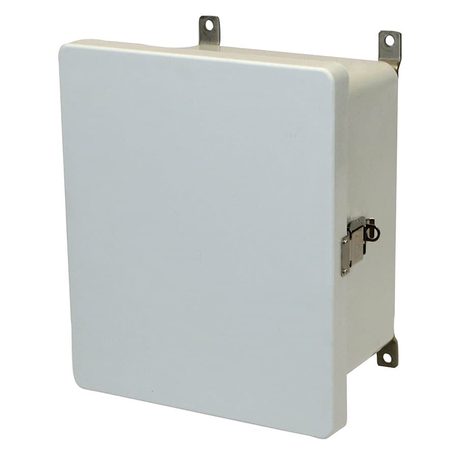 Allied Moulded Products AM1084L 10"x8"x4" AM Series fiberglass wall mount enclosure assembly with hinged cover and stainless-steel snap latch Allied Moulded Products AM1084L 10"x8"x4" AM Series fiberglass wall mount enclosure assembly with hinged cover and stainless-steel snap latch