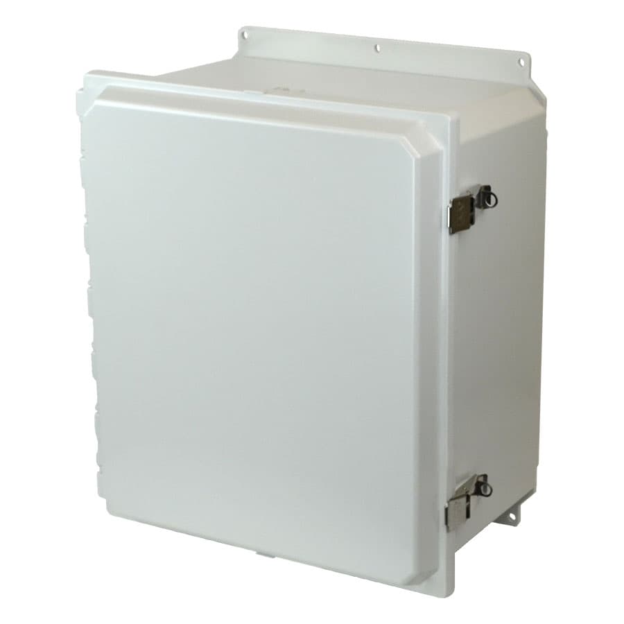 Allied Moulded Products AMP1648LF 16"x14"x8" POLYLINE® polycarbonate wall mount enclosure assembly with hinged cover and stainless-steel snap latch Allied Moulded Products AMP1648LF 16"x14"x8" POLYLINE® polycarbonate wall mount enclosure assembly with hinged cover and stainless-steel snap latch