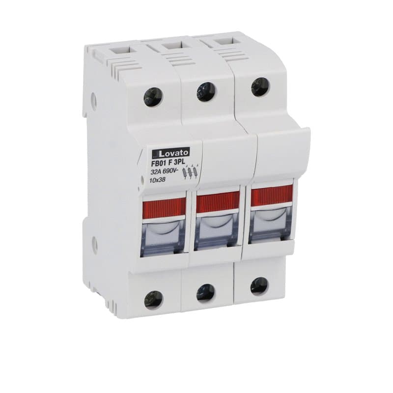 Lovato Electric FB01F3PL FB01F3PL Lovato - Fuse holder UL recognized and CSA certified, for 10X38mm fuses. 32A rated current at 690VAC, 3P. With status indicator. 3 modules Lovato Electric FB01F3PL FB01F3PL Lovato - Fuse holder UL recognized and CSA certified, for 10X38mm fuses. 32A rated current at 690VAC, 3P. With status indicator. 3 modules