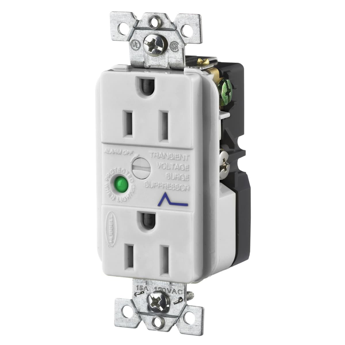 Hubbell HBL5262OWSA TVSS Duplex Receptacle with Light and Alarm, 15A 125V, 5-15R, Gray ; Automatic self-grounding staple ; Distinctive surge symbol provides quick identification ; Power-on indicator light verifies that power is available ; Alert alarm sounds when surge prot Hubbell HBL5262OWSA TVSS Duplex Receptacle with Light and Alarm, 15A 125V, 5-15R, Gray ; Automatic self-grounding staple ; Distinctive surge symbol provides quick identification ; Power-on indicator light verifies that power is available ; Alert alarm sounds when surge prot