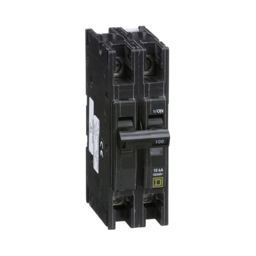 Schneider Electric QOU2100 Square D by Schneider Electric QOU2100 is a miniature circuit breaker (MCB) designed for unit mount installation. It features a 2-pole configuration and is capable of handling a rated current of 100A. This MCB is equipped with slotted box lugs connections for both load and line sides, accommodating a cross-section of 12-2/0AWG (1 cable Al/Cu). It operates at a rated voltage of 120V to 240V AC and 60V DC, with a short circuit breaking rating of 10kA at 240Vac and 5kA at 60Vdc. The terminals are of the box lugs type, ensuring a secure connection. Schneider Electric QOU2100 Square D by Schneider Electric QOU2100 is a miniature circuit breaker (MCB) designed for unit mount installation. It features a 2-pole configuration and is capable of handling a rated current of 100A. This MCB is equipped with slotted box lugs connections for both load and line sides, accommodating a cross-section of 12-2/0AWG (1 cable Al/Cu). It operates at a rated voltage of 120V to 240V AC and 60V DC, with a short circuit breaking rating of 10kA at 240Vac and 5kA at 60Vdc. The terminals are of the box lugs type, ensuring a secure connection.